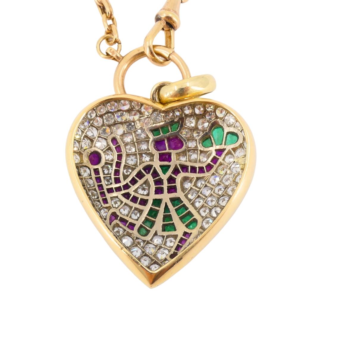 Donna Ciondolo cuore vintage diamante platino motivo mitologia indiana catena 14k in vendita