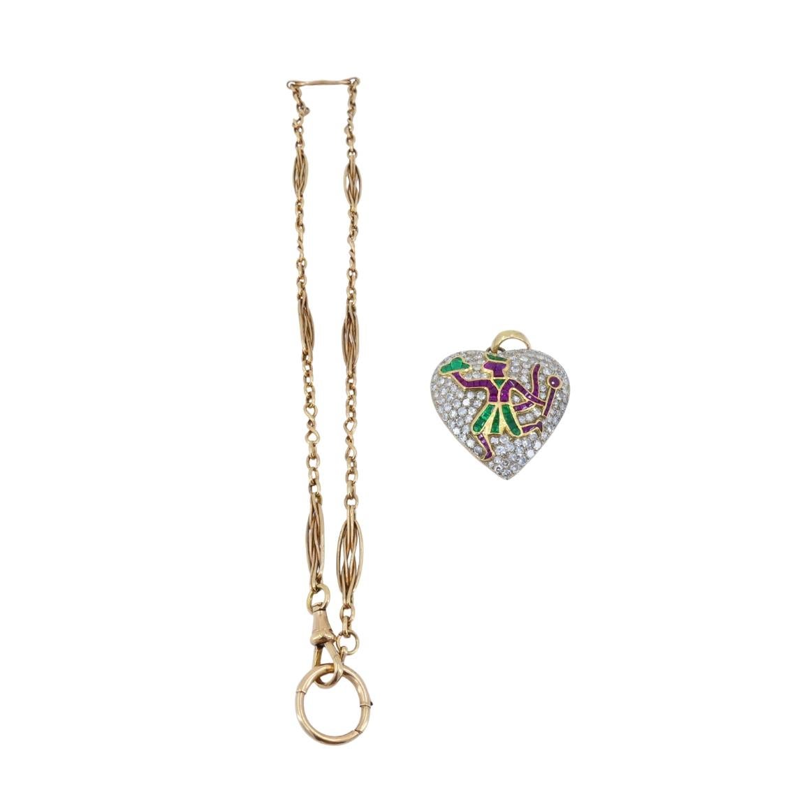 Ciondolo cuore vintage diamante platino motivo mitologia indiana catena 14k in vendita 2
