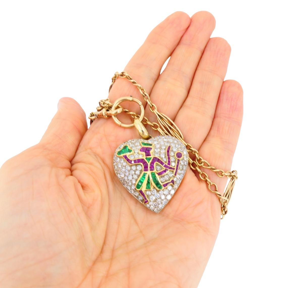 Ciondolo cuore vintage diamante platino motivo mitologia indiana catena 14k in vendita 3