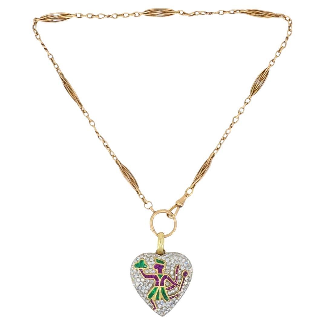 Ciondolo cuore vintage diamante platino motivo mitologia indiana catena 14k in vendita