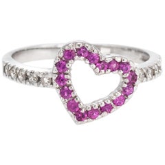 Vintage Heart Ring Ruby Diamond 14 Karat White Gold Estate Fine Jewelry Love Vintage Heart Ring Ruby Diamond 14 Karat White Gold Estate Fine Jewelry Love