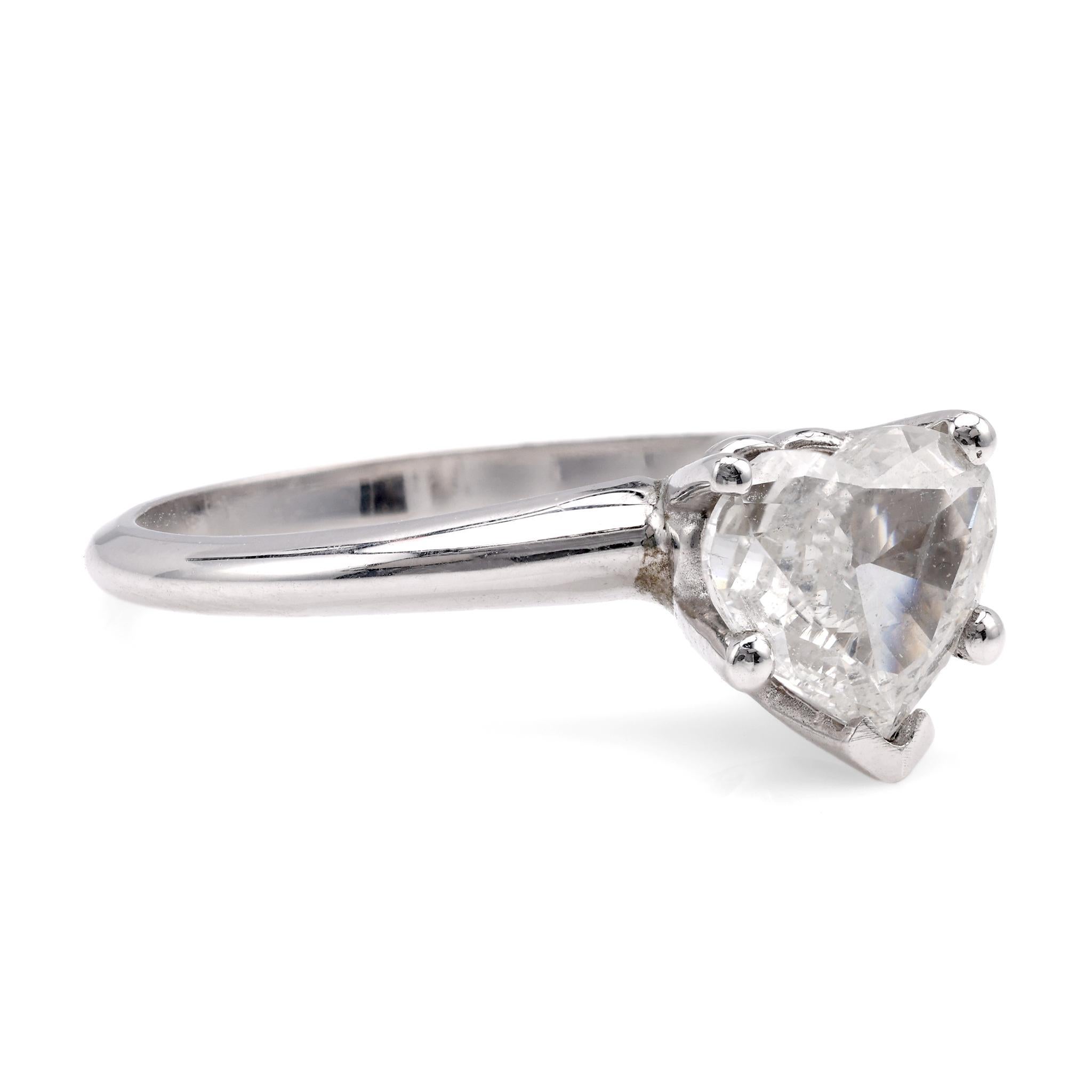 Vintage Heart Shape Diamond 14K White Gold Solitaire Engagement Ring In Excellent Condition In Beverly Hills, CA