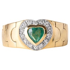 Vintage Heart Shape Emerald Diamond Halo Mesh Chain Gold Ring 18K Yellow Gold