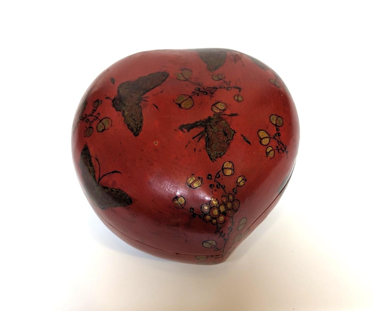 Vintage Heart Shaped Chinoiserie Jewelry Box.  A beautiful hand made heart shaped box with Chinoiserie hand painted decoration of butterfly's and nectar flower buds.  The box is made of wood with papier-mâché and wood ash paste then fine sanded to a