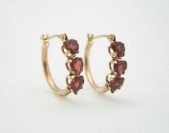 Vintage Heart Shaped CZ Garnet & 10K Gold Hoop Earrings - U.S. - Circa 1980's