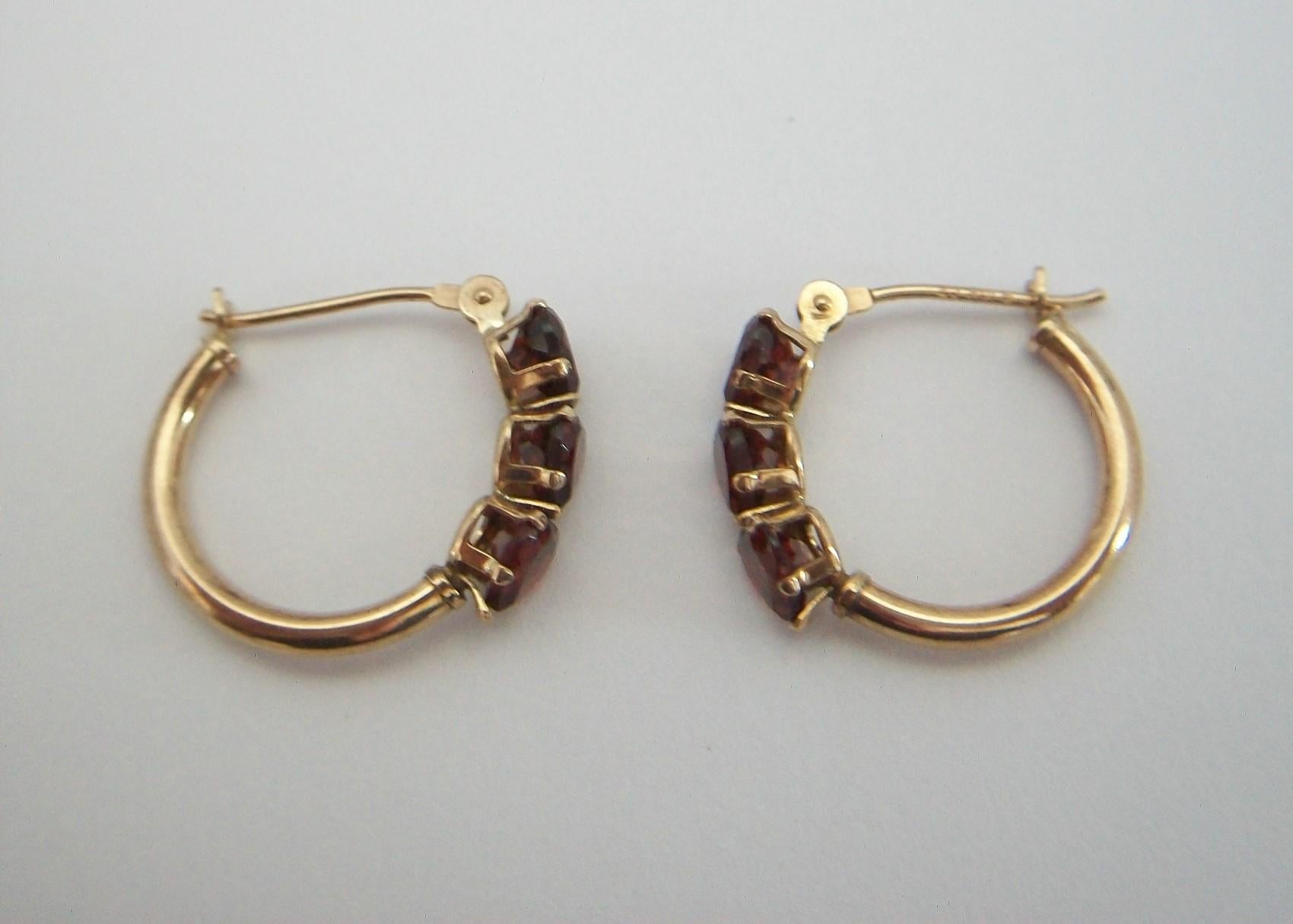 Women's Vintage Heart Shaped CZ Garnet & 10K Gold Hoop Earrings - U.S. - Circa 1980's For Sale