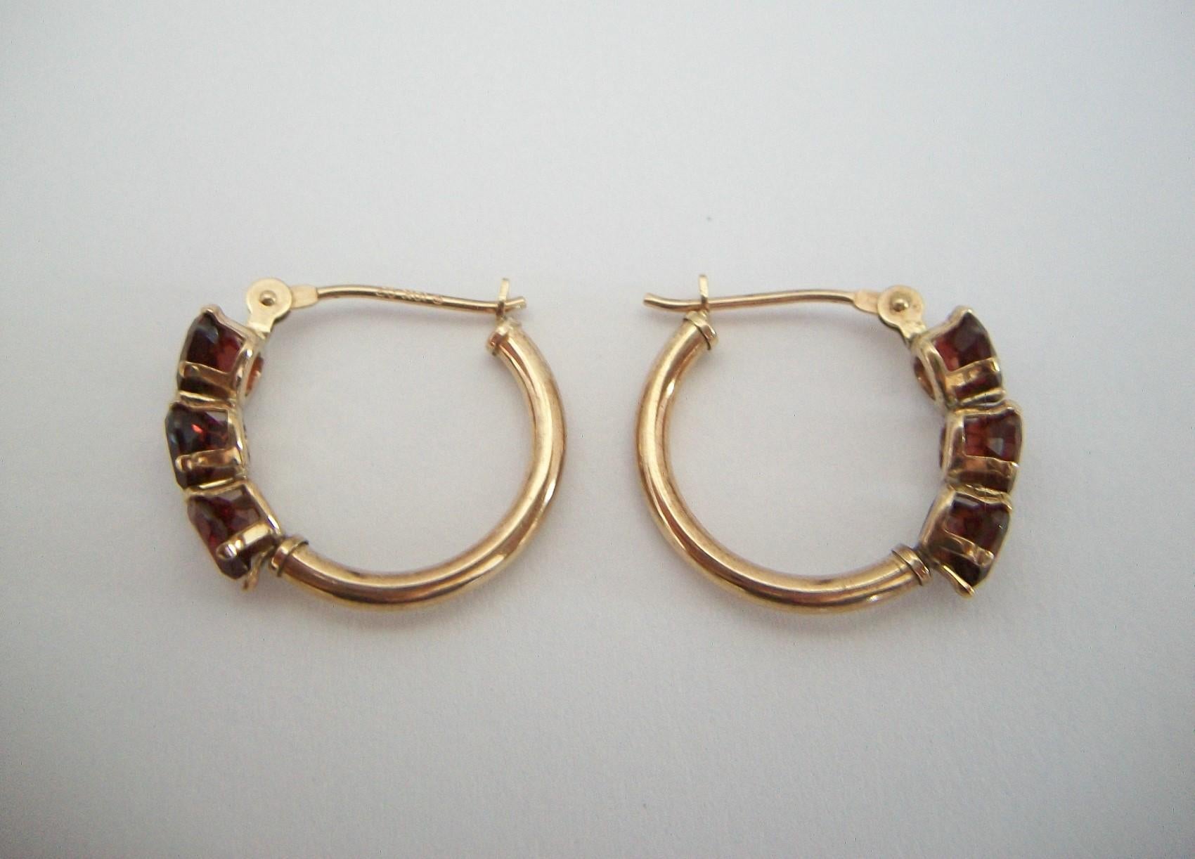 Vintage Heart Shaped CZ Garnet & 10K Gold Hoop Earrings - U.S. - Circa 1980's For Sale 1