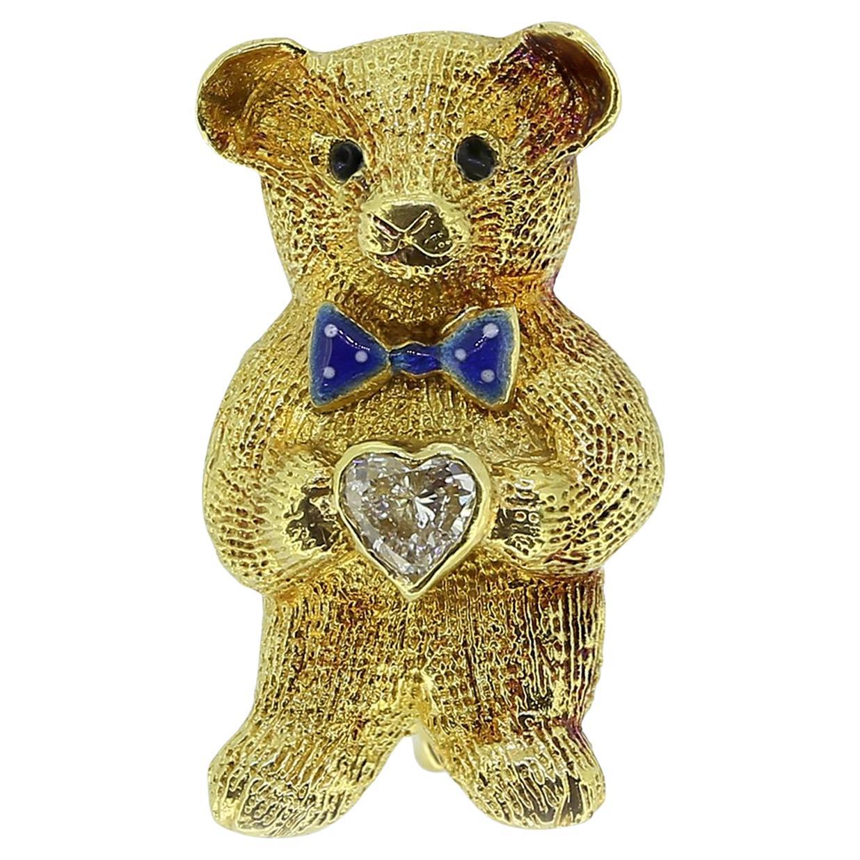 Vintage Teddybär-Brosche in Herzform mit Diamanten