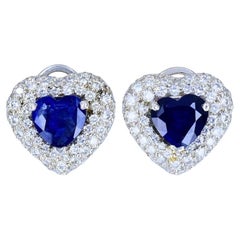 Vintage Heart Shaped Earrings Platinum Diamond Heart Cut Sapphire Estate Jewelry