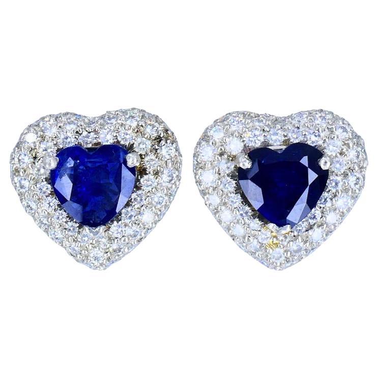Pendientes vintage en forma de corazón Platino Diamante talla corazón Zafiro Estate Jewelry