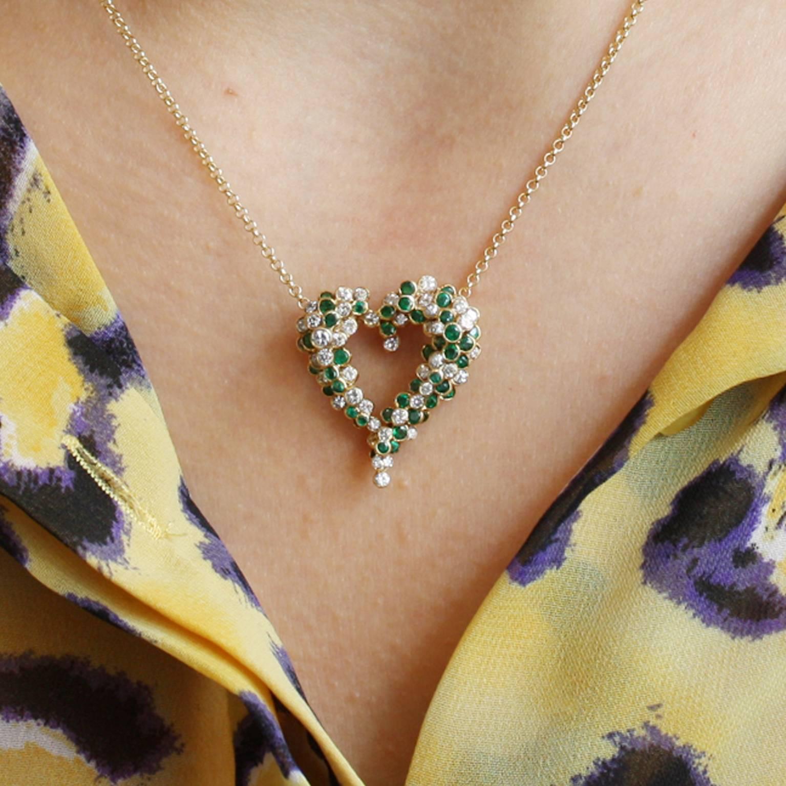 Women's or Men's Vintage Heart-Shaped Pendant with Diamonds and Emeralds