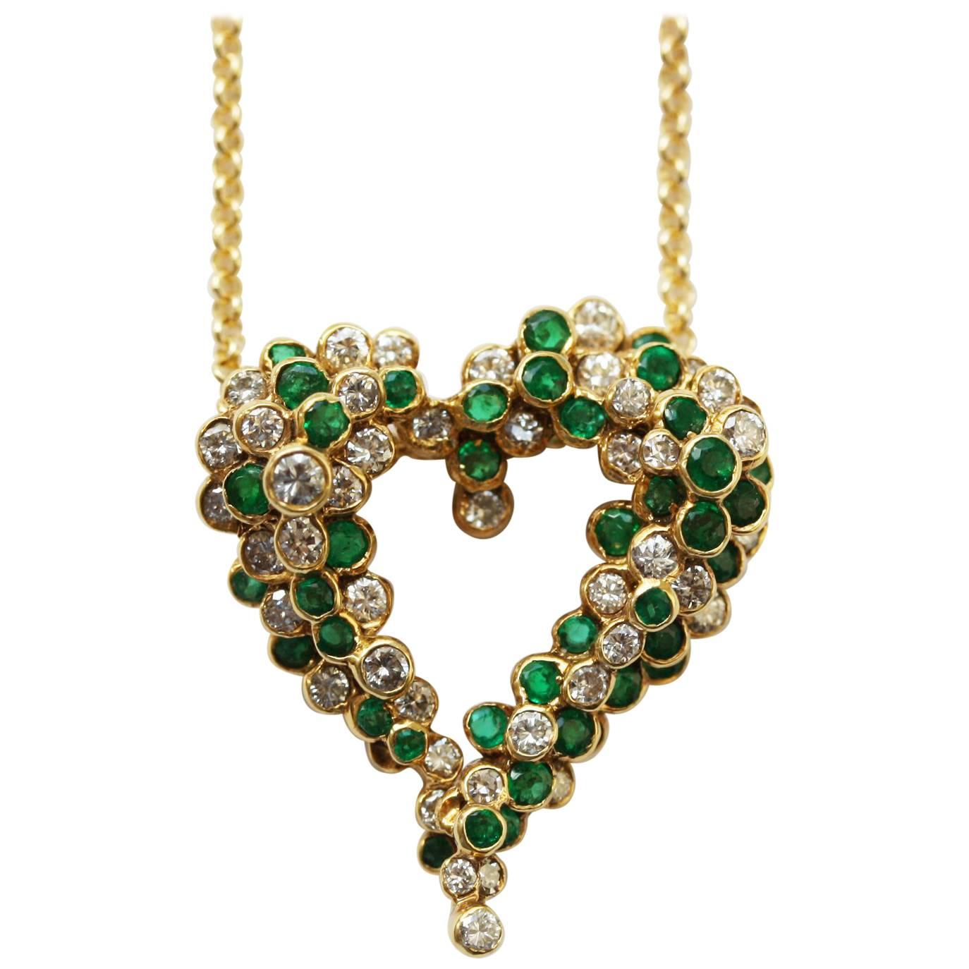 Vintage Heart-Shaped Pendant with Diamonds and Emeralds
