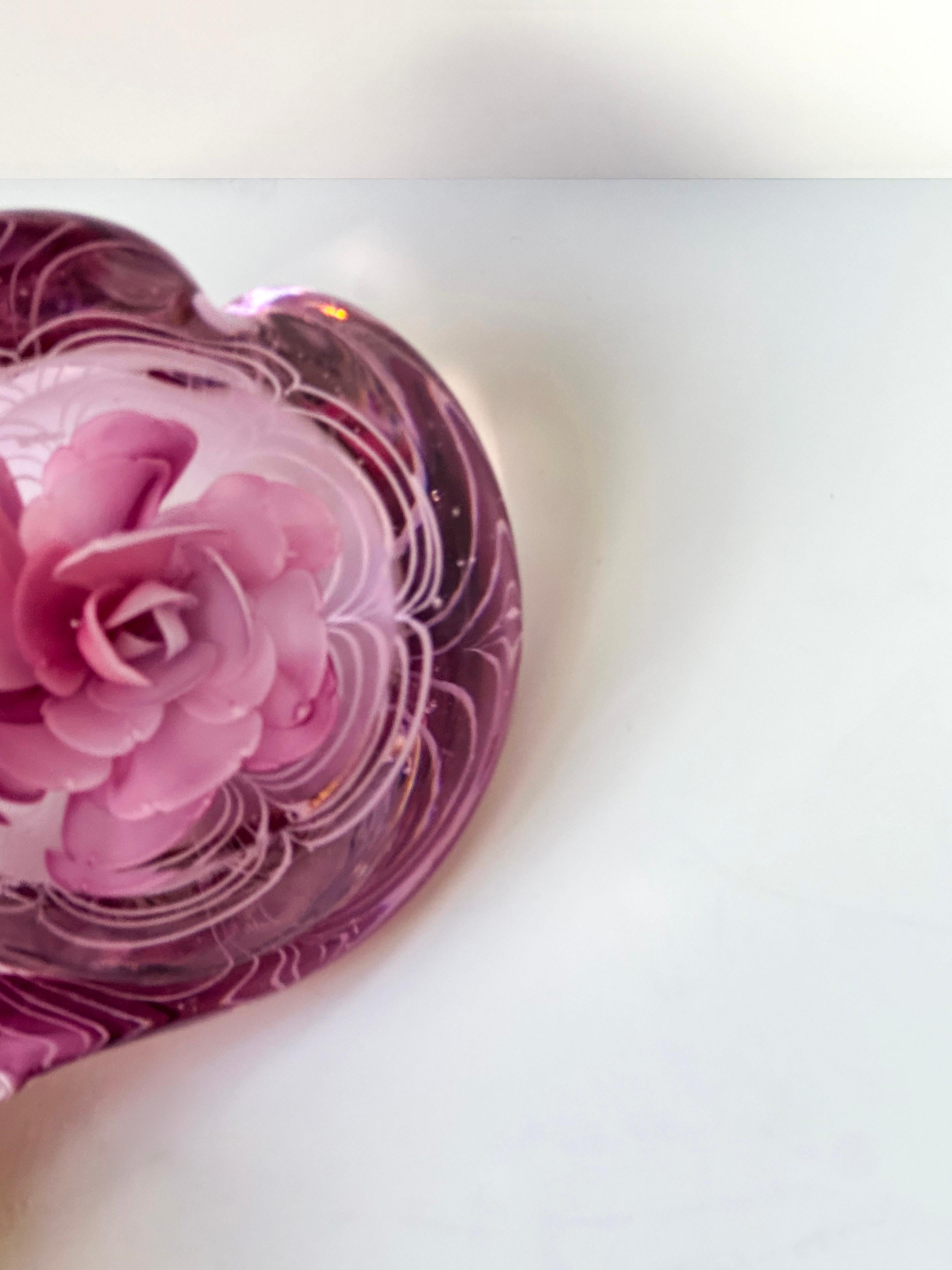 British Vintage Heart Shaped Pink Glass Paperweight with Rose Petal Centre