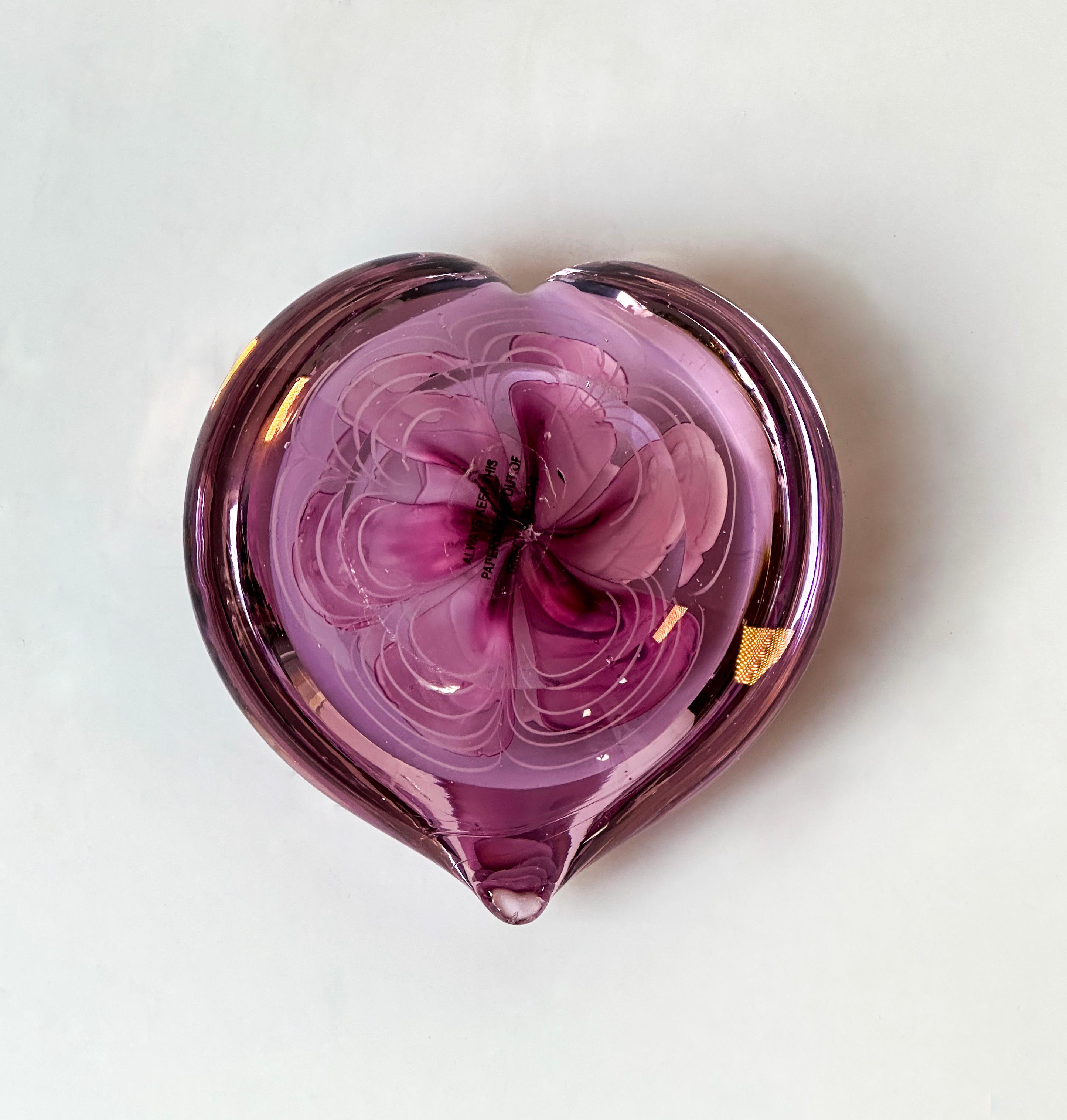 Late 20th Century Vintage Heart Shaped Pink Glass Paperweight with Rose Petal Centre