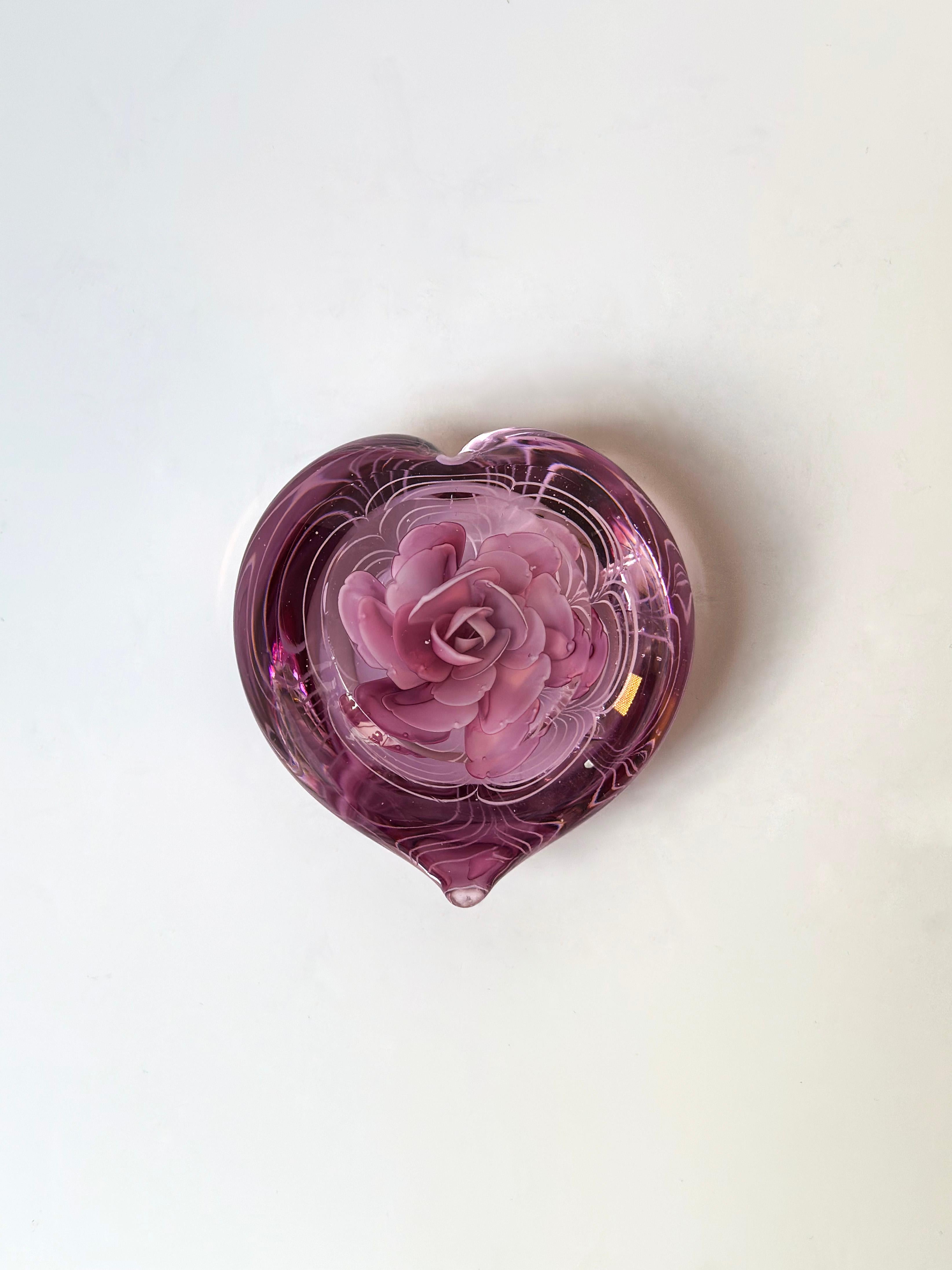 Art Glass Vintage Heart Shaped Pink Glass Paperweight with Rose Petal Centre