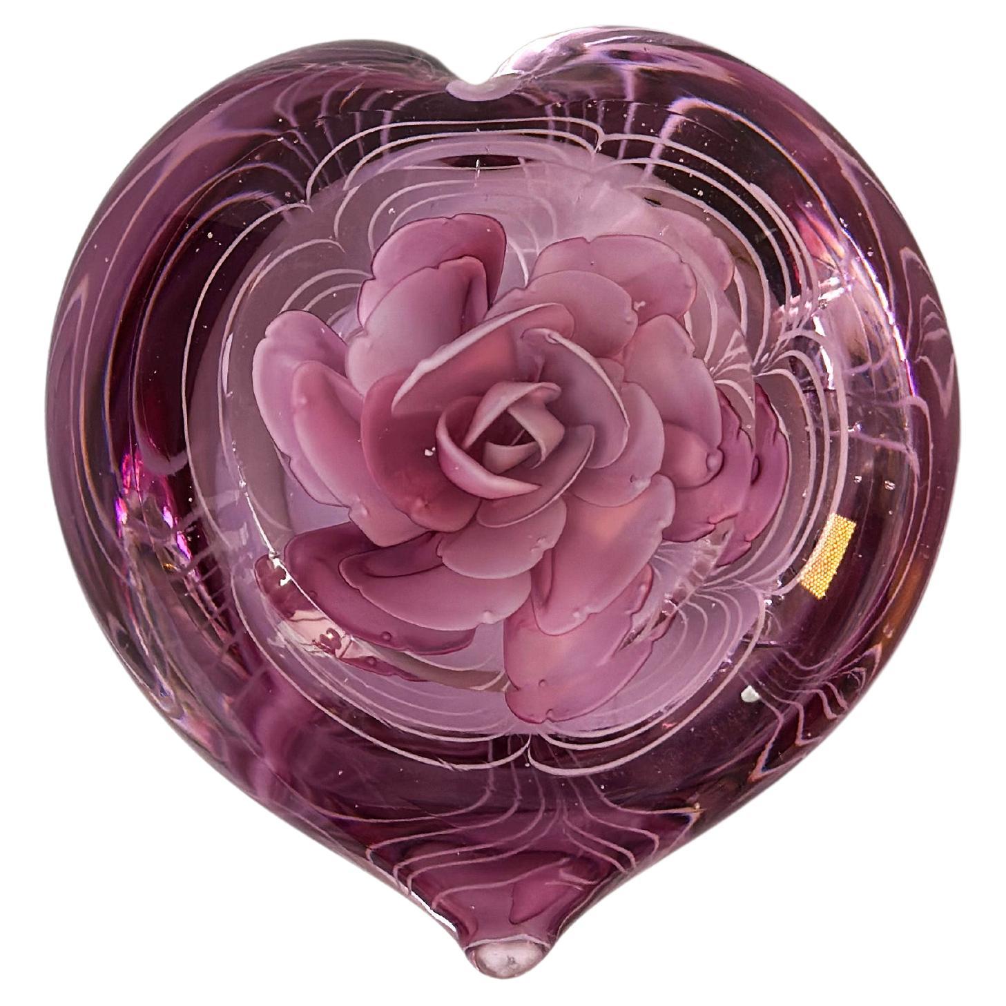 Vintage Heart Shaped Pink Glass Paperweight with Rose Petal Centre