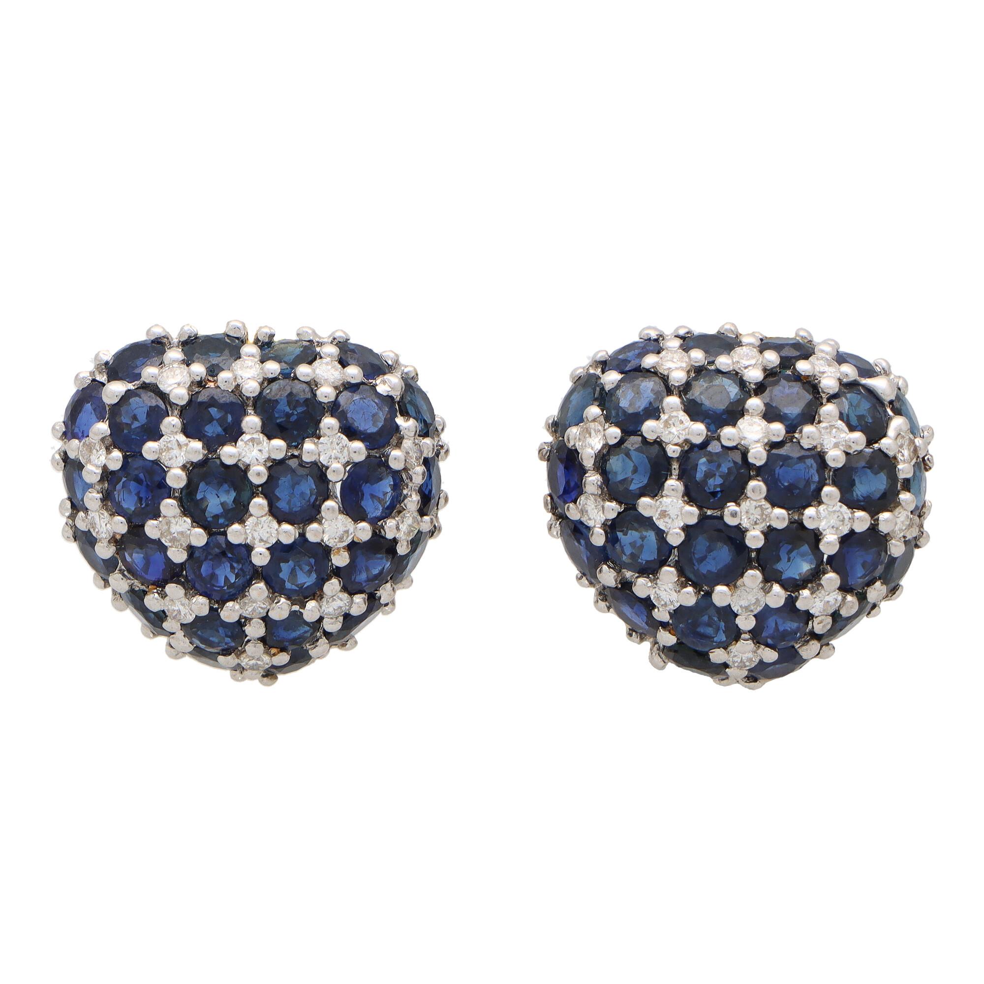 Women's or Men's  Vintage Heart Shaped Sapphire and Diamond Earrings