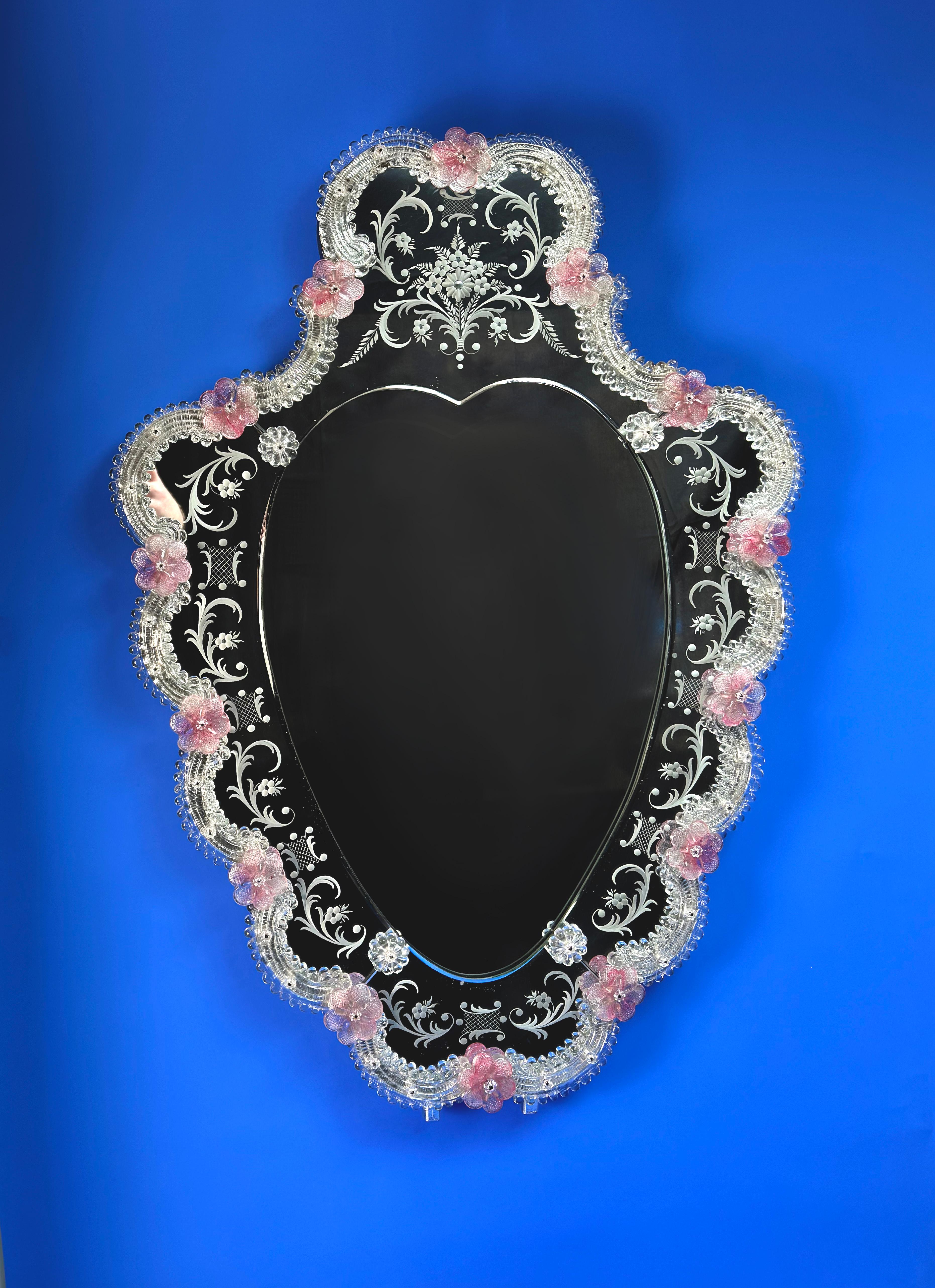 Etched 1960s Venetian Mirror, Heart Shaped Frame with Pink Murano Glass Flowers For Sale