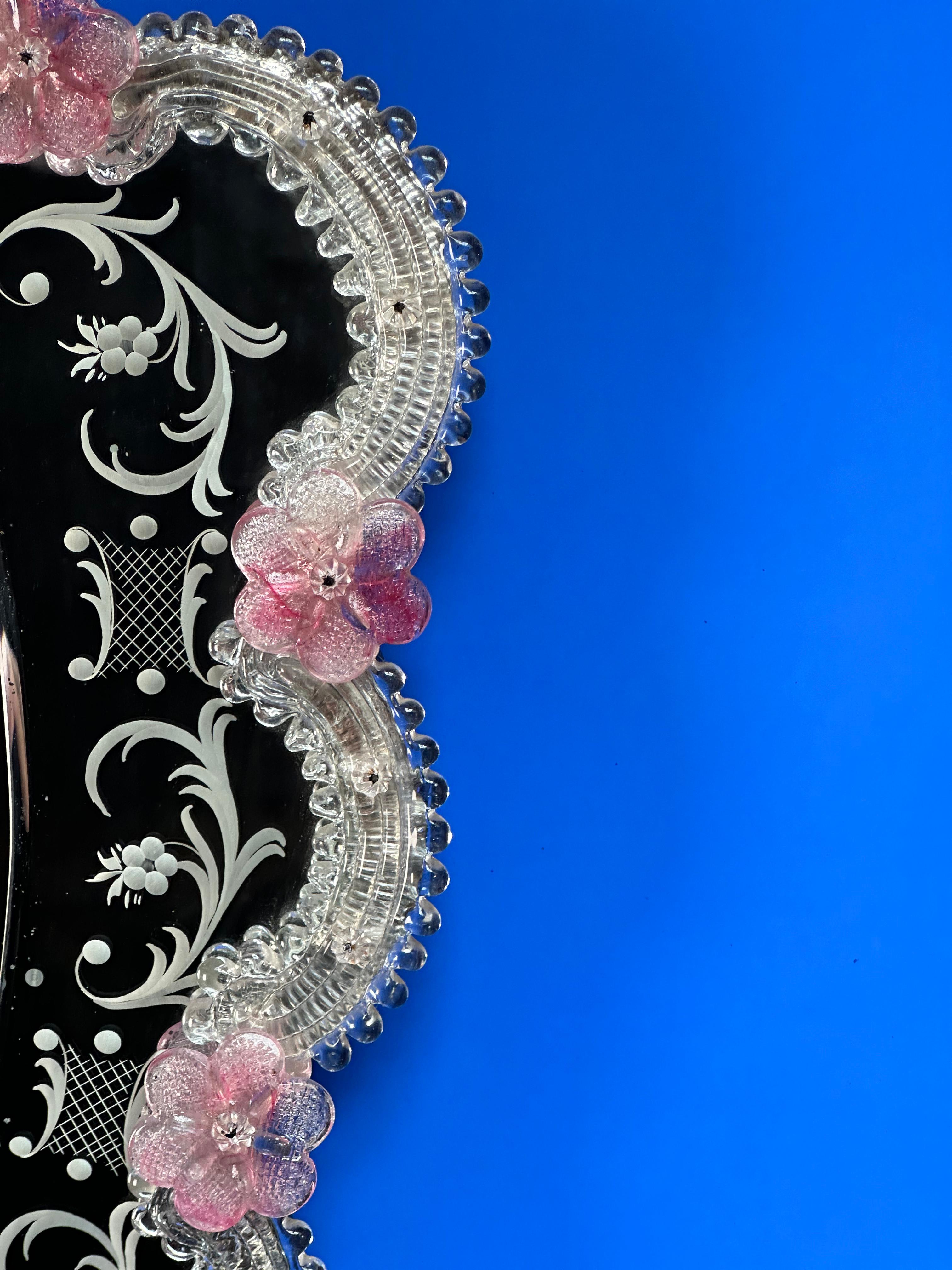 Mid-20th Century 1960s Venetian Mirror, Heart Shaped Frame with Pink Murano Glass Flowers For Sale