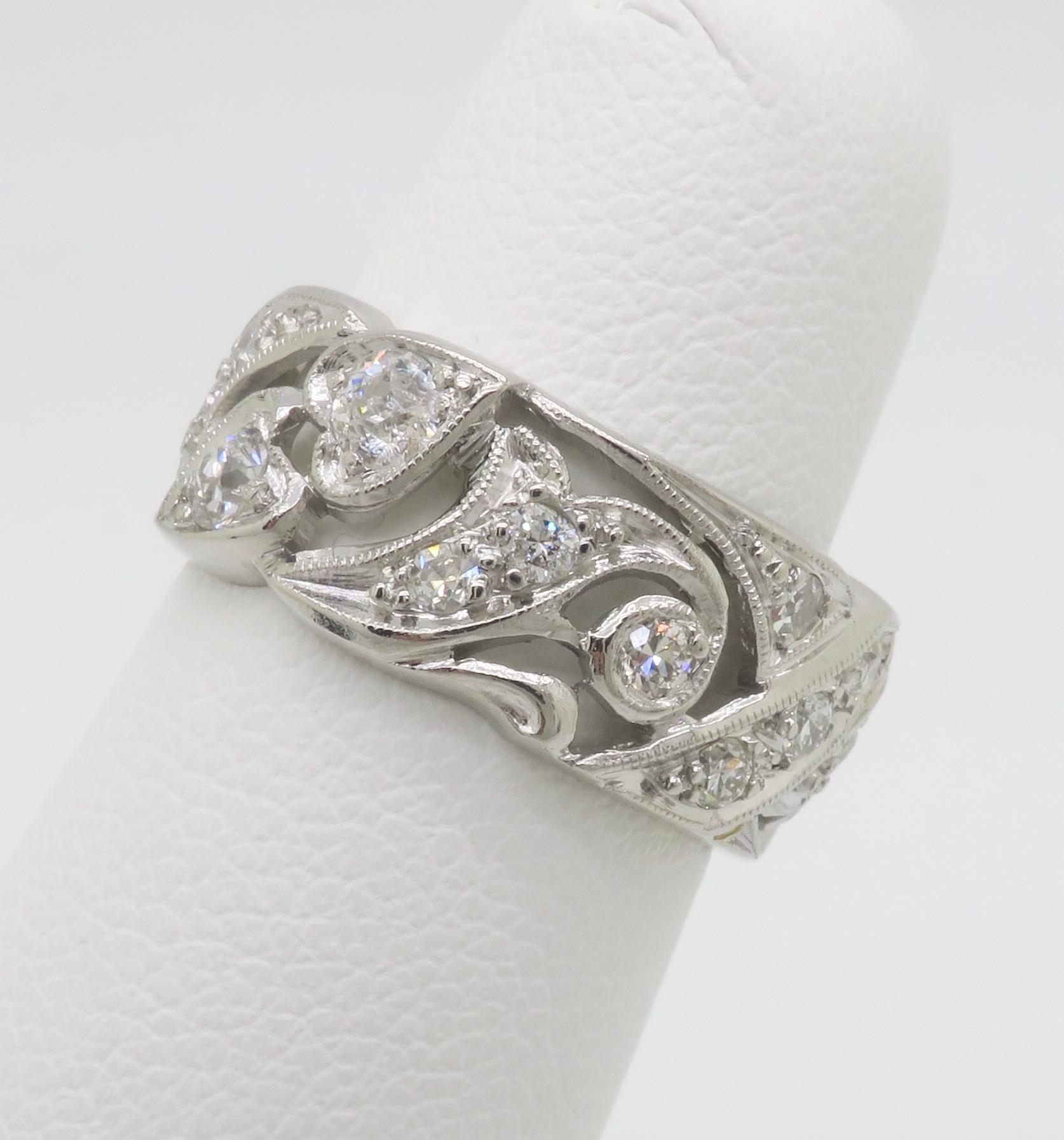 Vintage Heart Themed Diamond Eternity Band In Excellent Condition For Sale In Webster, NY