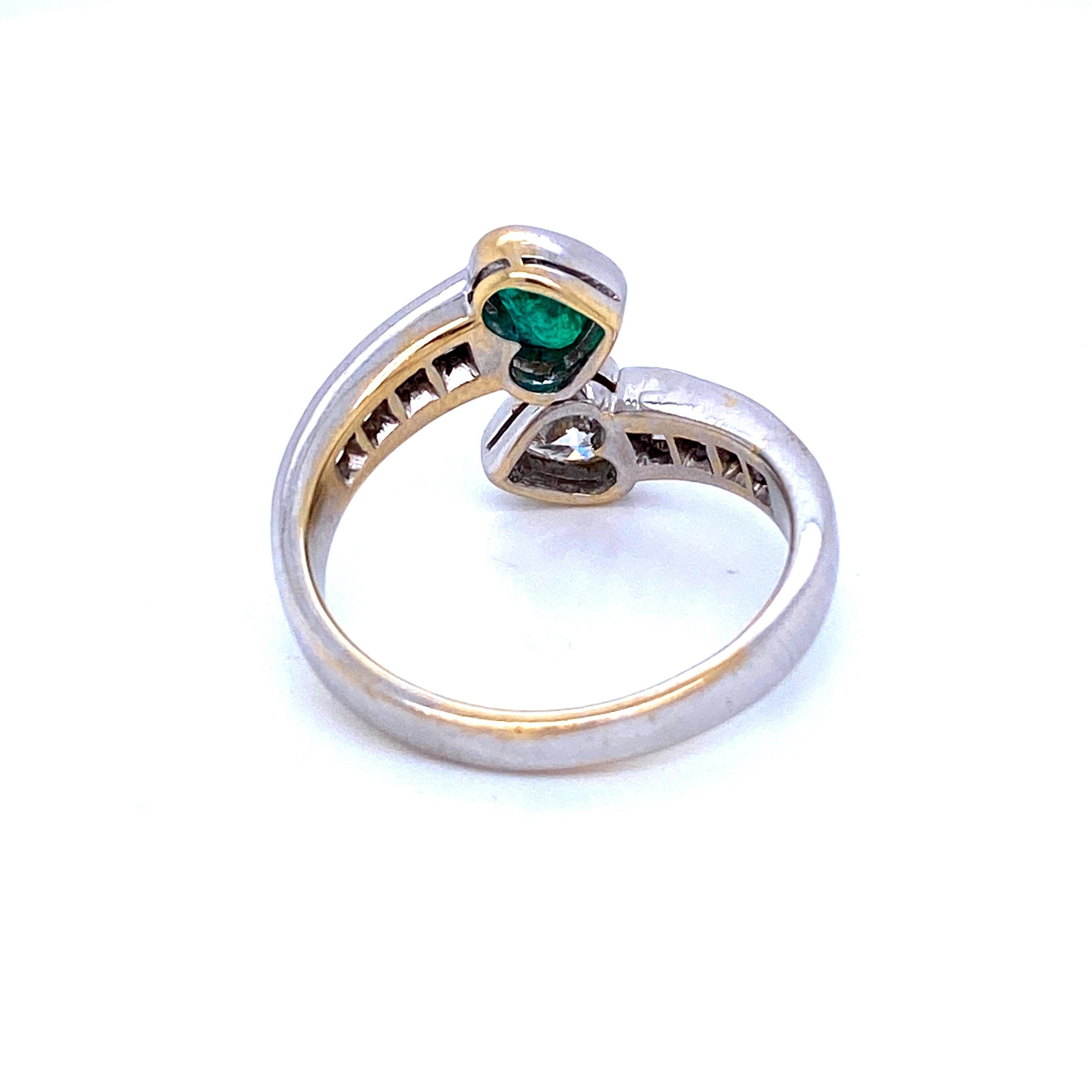 Baguette Cut Vintage Hearts Emerald Diamond Vous et Moi Gold Ring