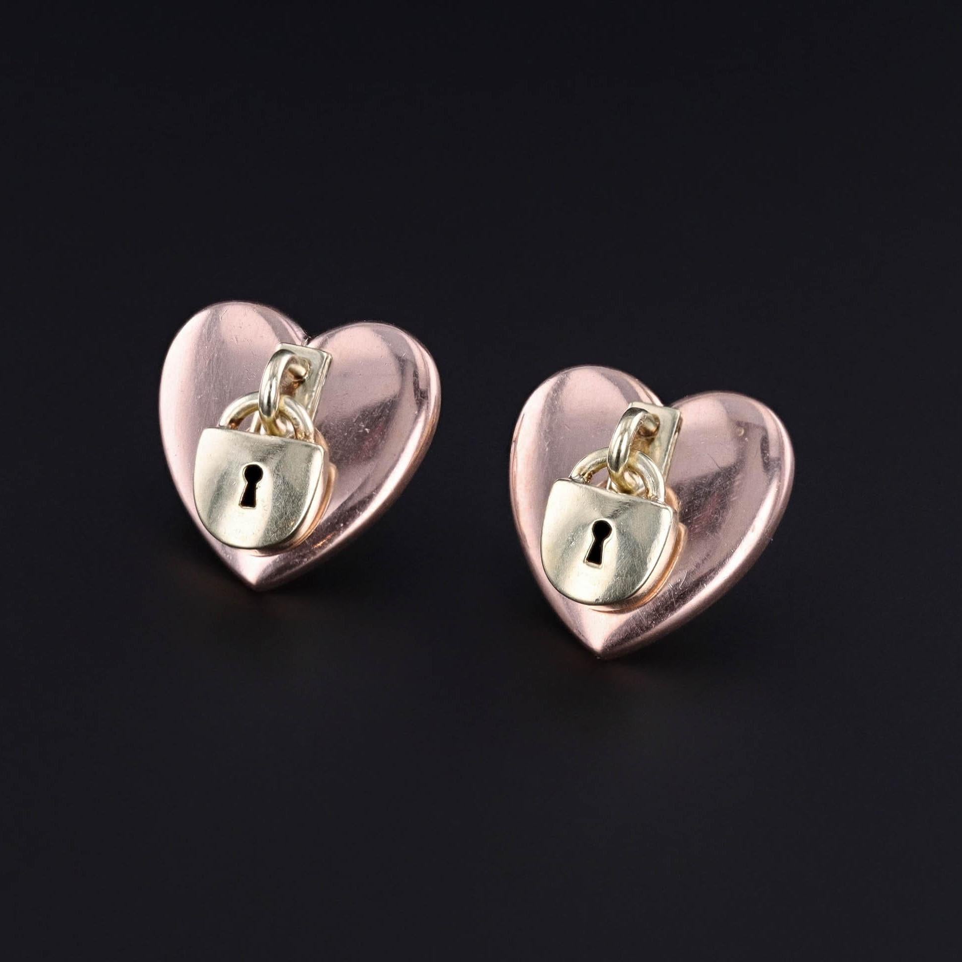 Vintage Heart Earrings: These vintage earrings (circa 1940-1960) feature 14k rose gold hearts with 14k yellow gold padlock accents.

Each earring measures 0.6 inches by 0.6 inches wide and they are in great condition. The earrings weigh 4.7