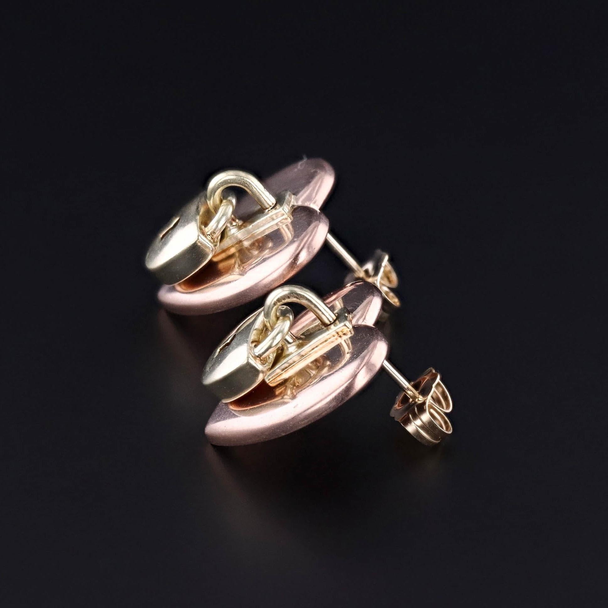 Vintage Hearts with Locks Earrings of 14k Rose and Yellow Gold In Good Condition For Sale In Lewisburg, PA