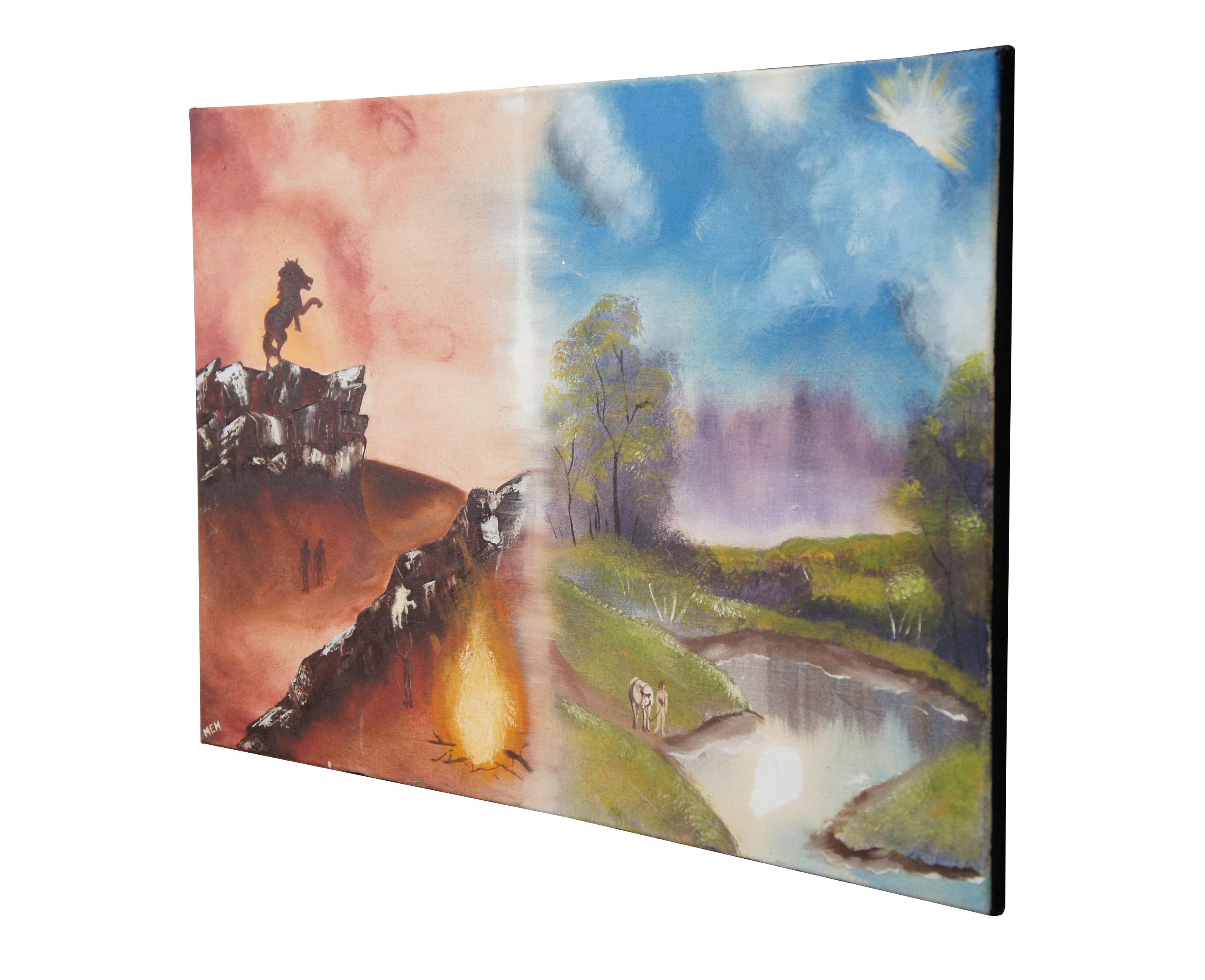 Unique late 20th century original folk art oil painting on canvas featuring a contrasting pair of night and day / heaven and hell scenes. On the left, a red, rocky, desolate shadow landscape with figures and a cliffside Stallion, and a man conjuring