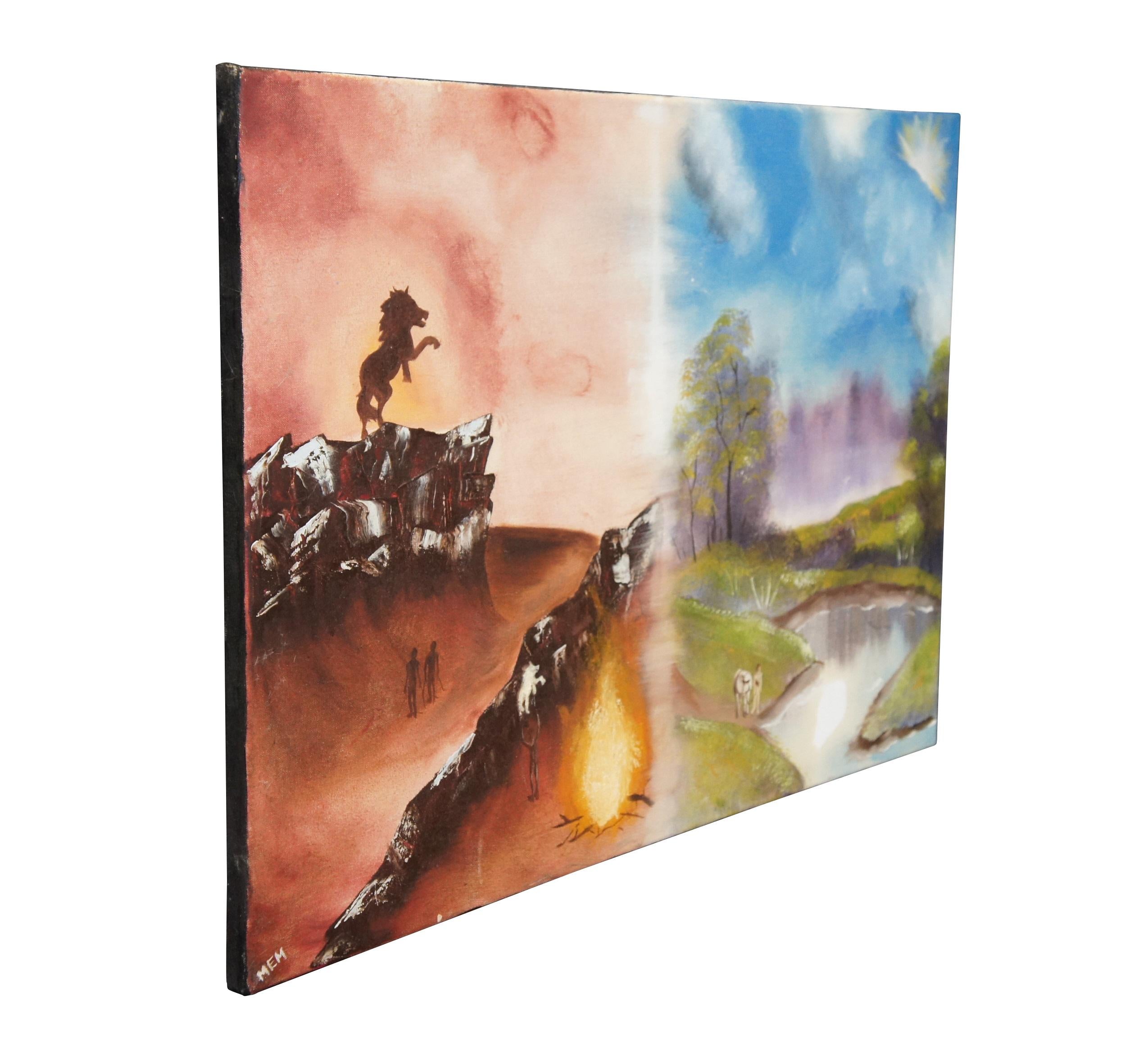 Vintage Heaven & Hell Figural Horse Stallion Fantasy Landscape Painting 30