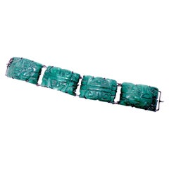 Vintage Heavily Carved Jade & Sterling Silver Bracelet