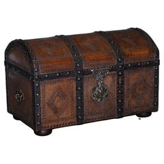 Vintage Heavily Carved Leather Spanish Trunk with Lovely Patina