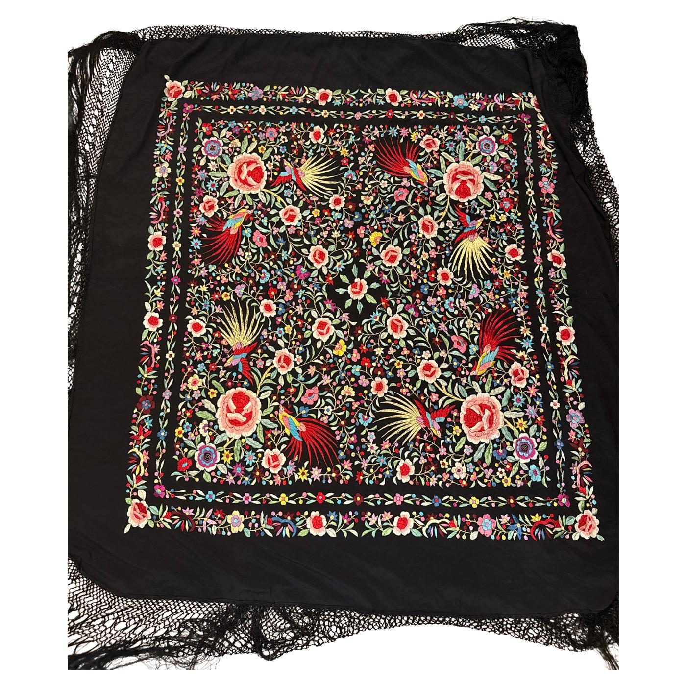 Vintage Heavily Embroidered Silk Shawl