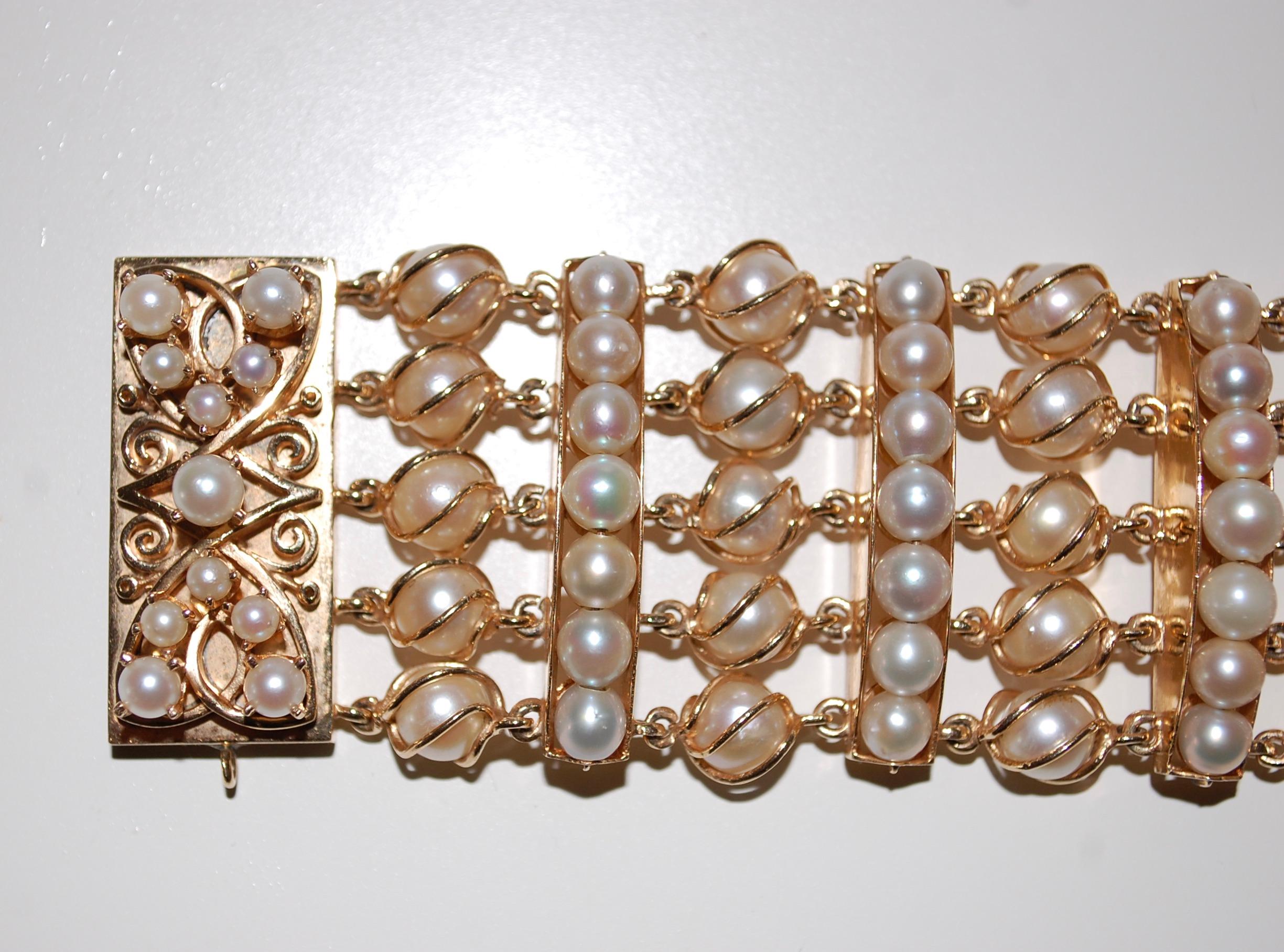 Uncut  Pearl 14k Gold Multi Strand Bracelet  For Sale