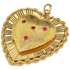Vintage Heavy 14k Gold Large Ruby Heart Photo Locket Pendant for Necklace 17.5g