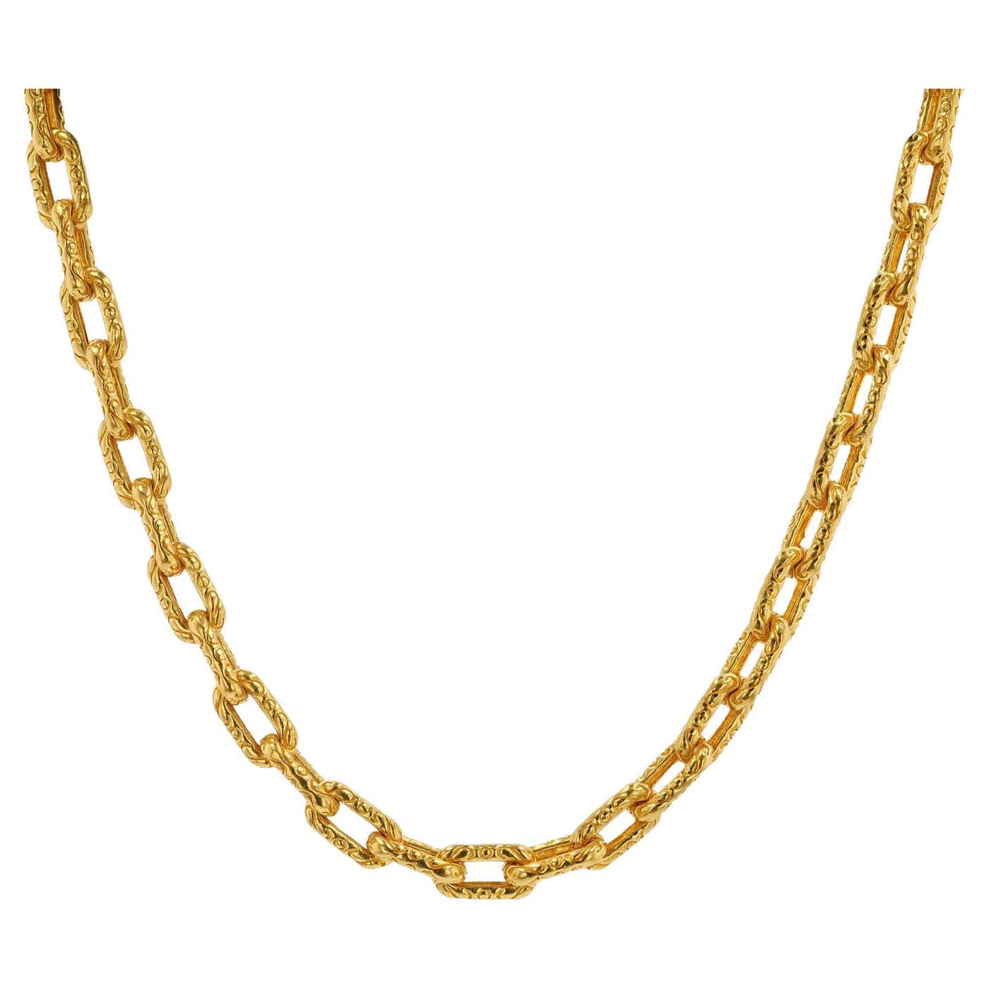Engraved Chain Model Vintage Heavy 24K Yellow Gold Engraved Chain Link Necklace For Sale at ...