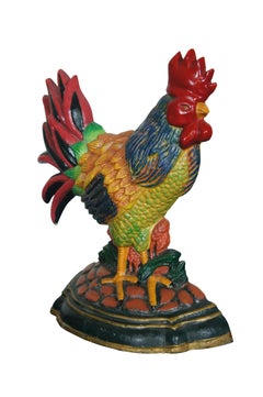 Vintage Heavy Cast Iron Painted Rooster Chicken Cock Farmhouse Door Stop 12"