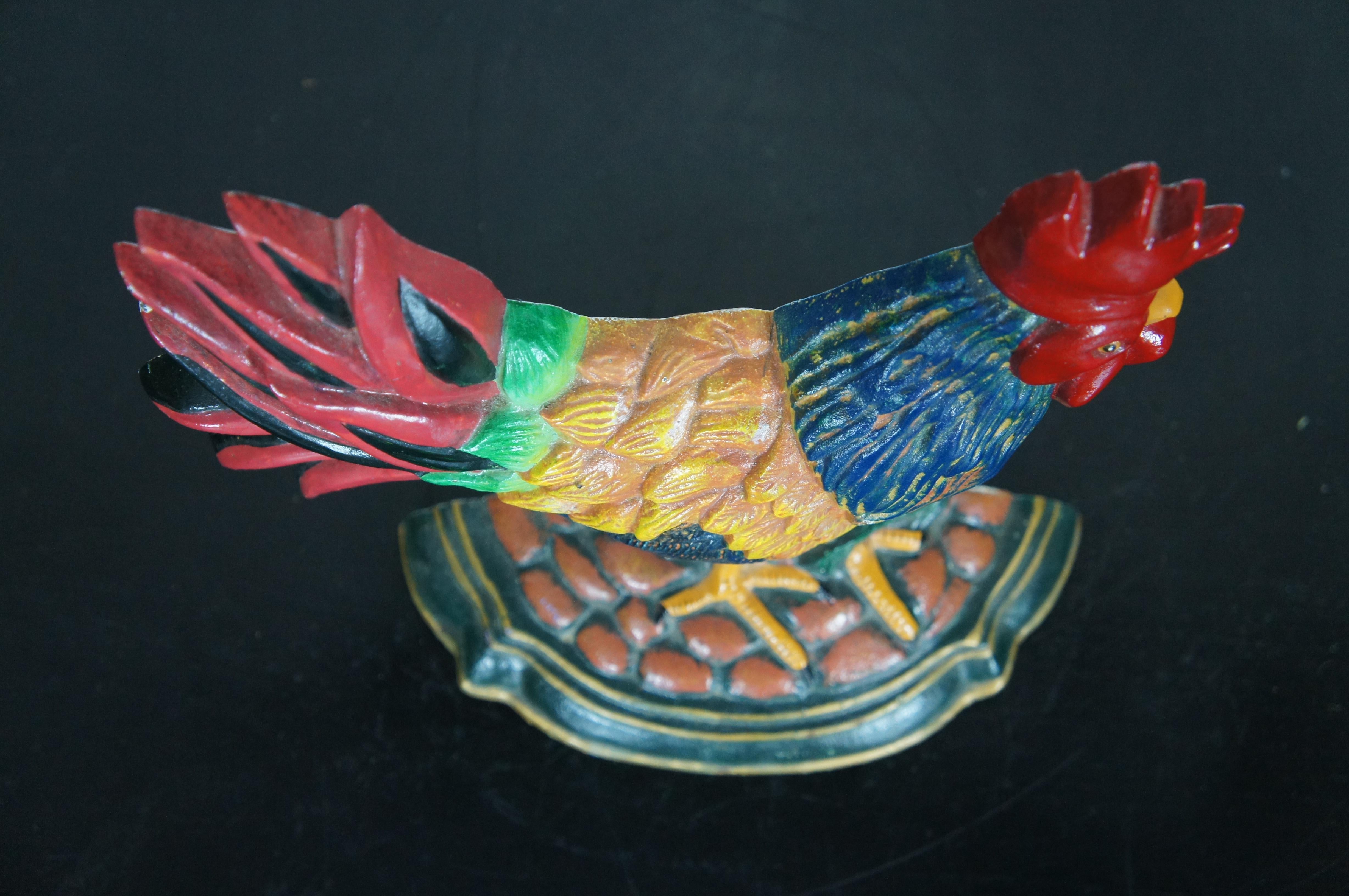 Vintage Heavy Cast Iron Painted Rooster Chicken Cock Farmhouse Door Stop 12