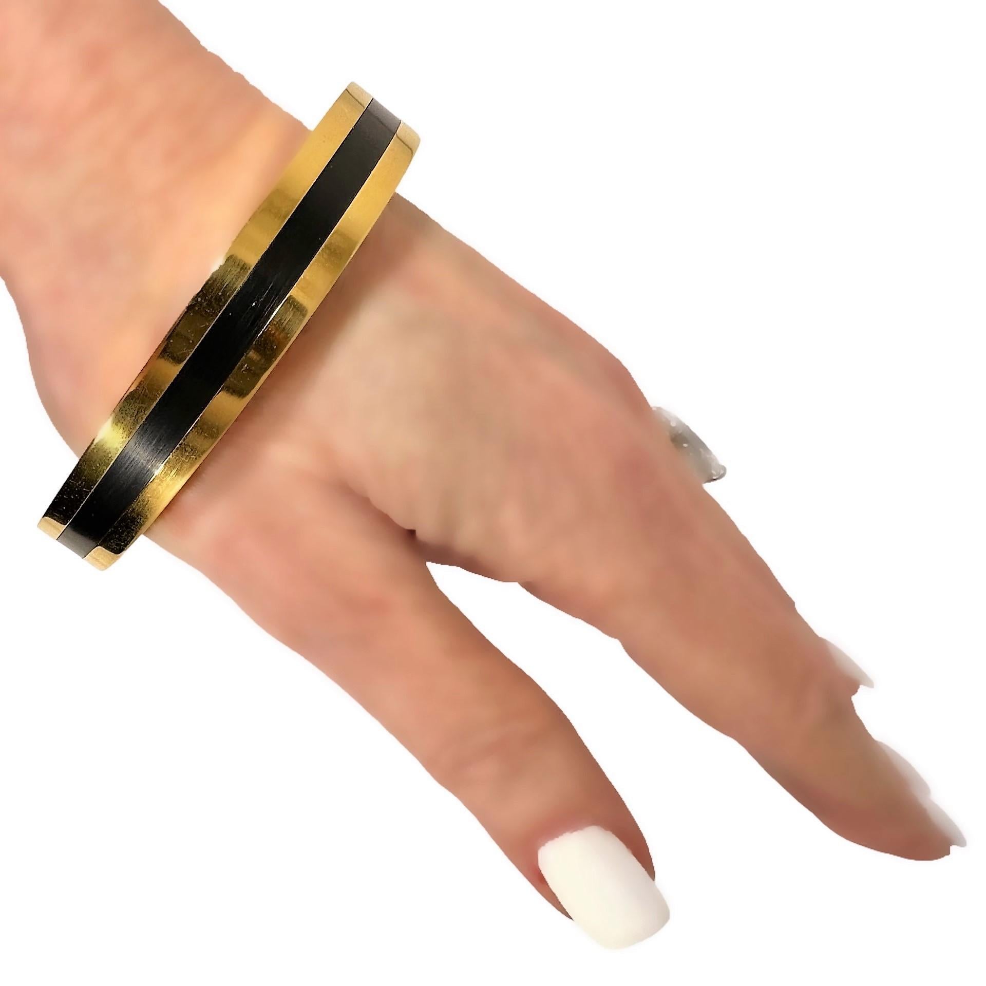 Vintage Heavy Chanel Gold Tone Metal Bangle With Black Resin Stripe 11.5mm Wide  For Sale 5