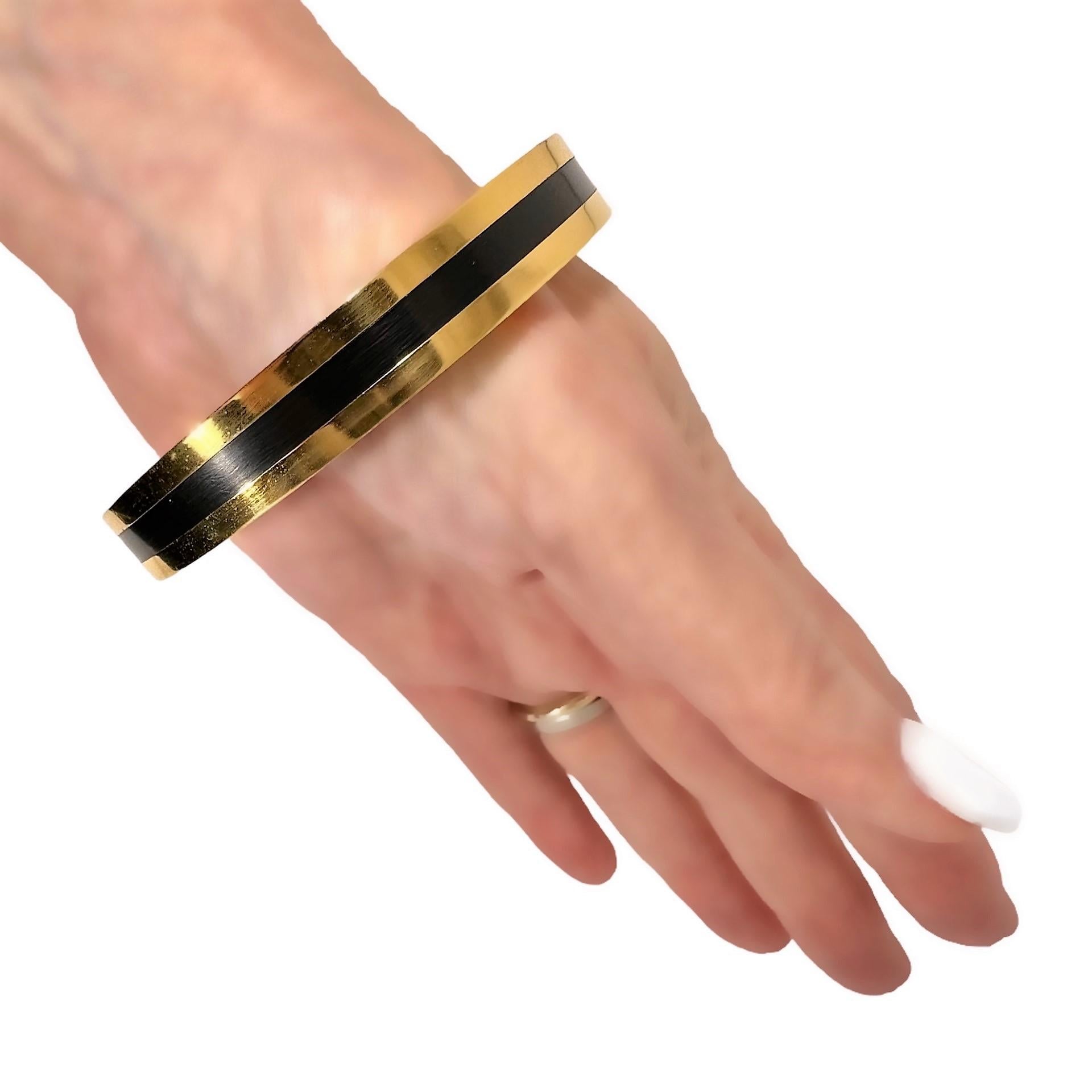 Vintage Heavy Chanel Gold Tone Metal Bangle With Black Resin Stripe 11.5mm Wide  For Sale 6