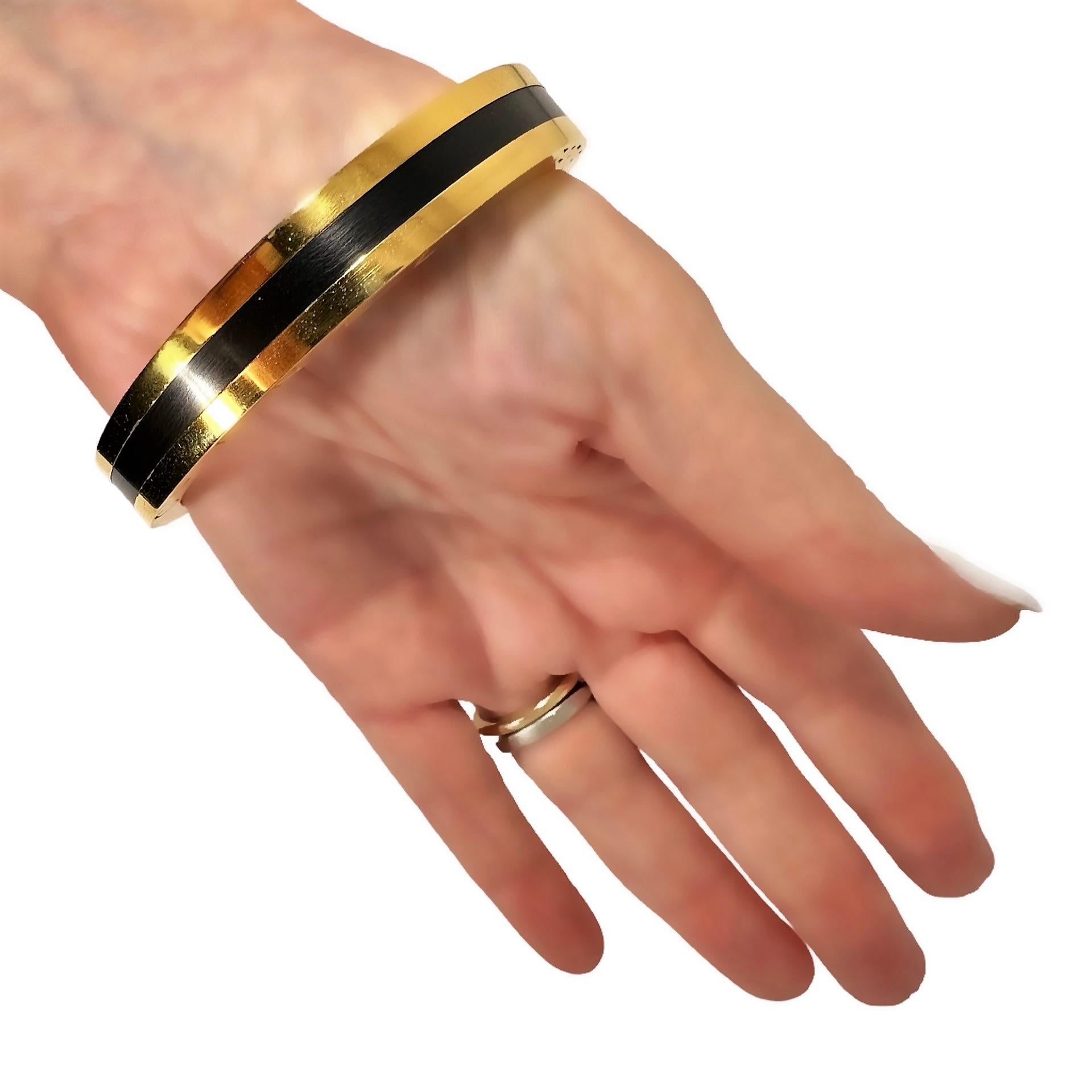 Vintage Heavy Chanel Gold Tone Metal Bangle With Black Resin Stripe 11.5mm Wide  For Sale 7