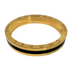 Vintage Heavy Chanel Gold Tone Metal Bangle With Black Resin Stripe 11.5mm Wide