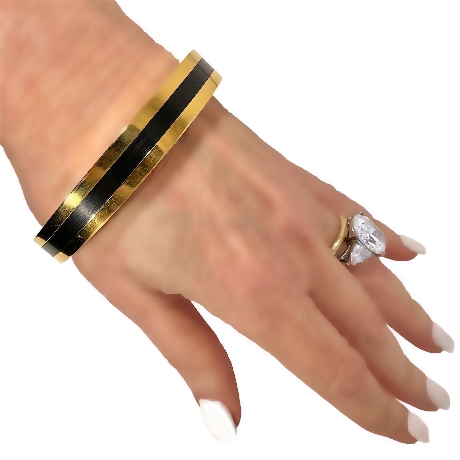 Vintage Heavy Chanel Gold Tone Metal Bangle With Black Resin Stripe 11.5mm Wide  For Sale 4
