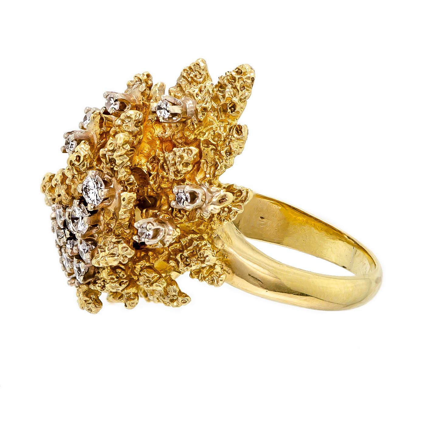Vintage heavy circa 1960 diamond and 18k yellow gold abstract spray ring. Set with round dazzling brilliant cut diamonds molded into an interesting bark finish gold mount. Hallmark found inside the ring shank 750 quality mark. This cocktail ring