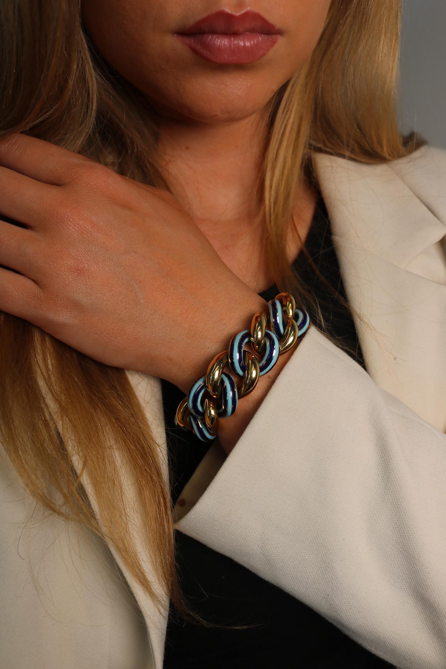 Bracciale d'epoca a maglie pesanti con smalto blu oceano chiaro e scuro, lunghezza 7,5 in vendita 5