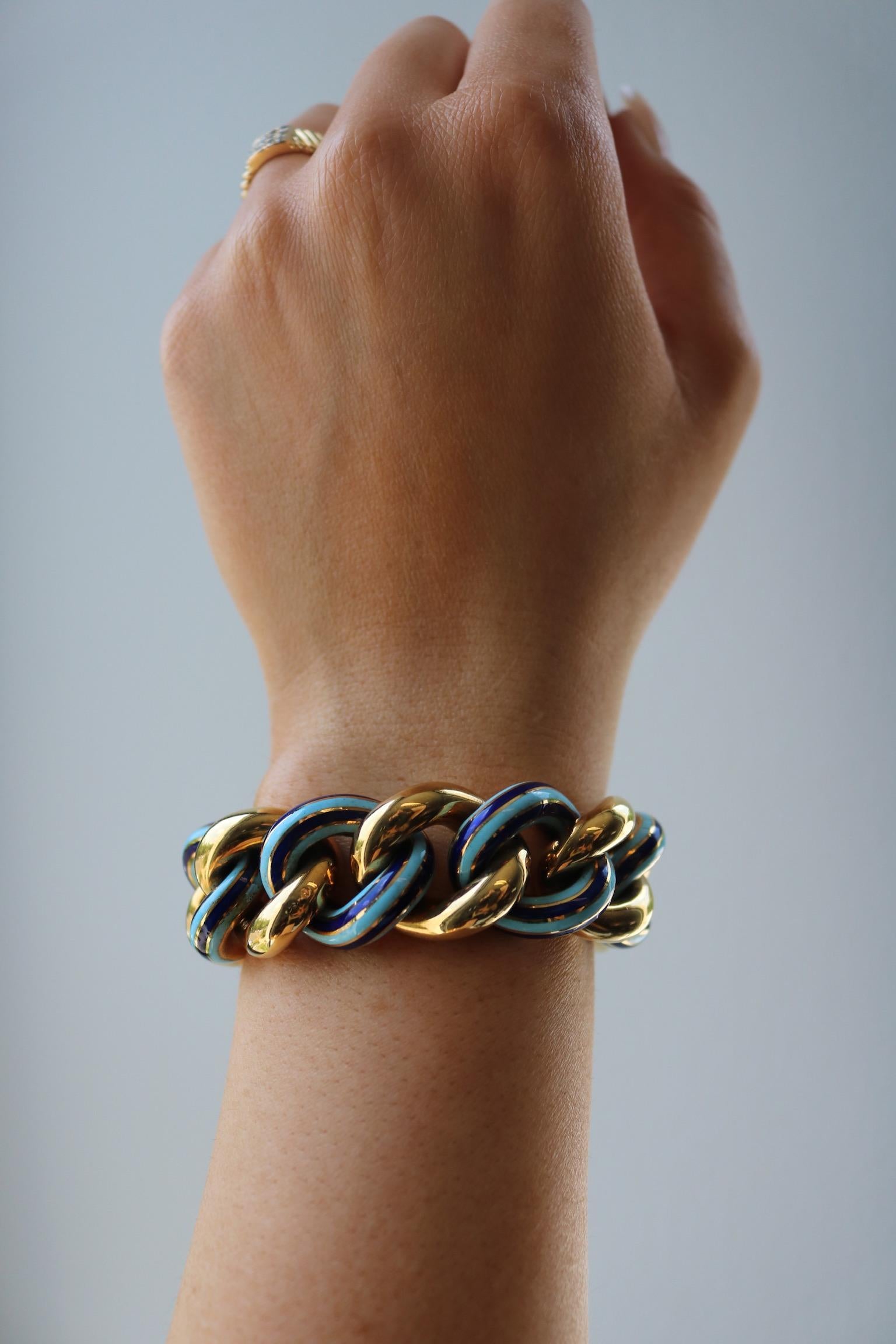 Bracciale d'epoca a maglie pesanti con smalto blu oceano chiaro e scuro, lunghezza 7,5 in vendita 6