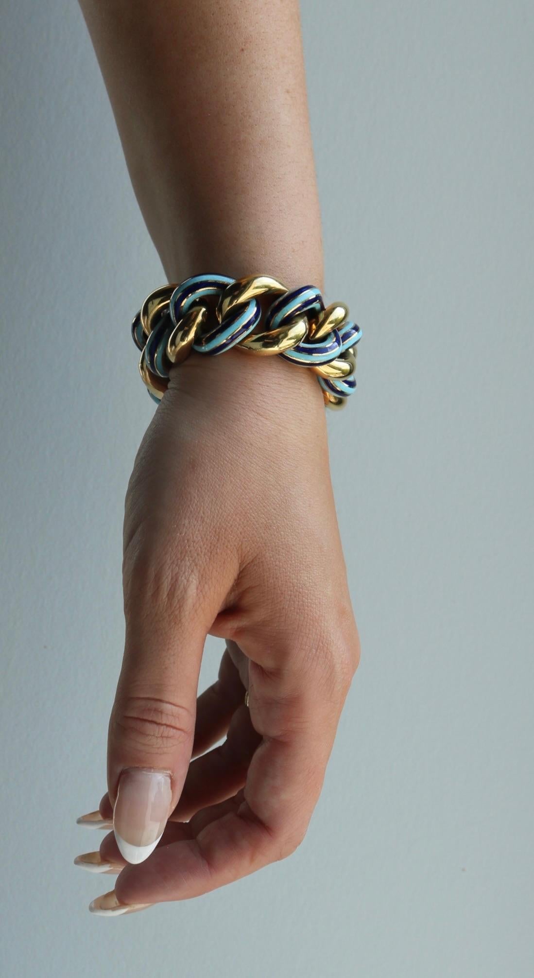 Bracciale d'epoca a maglie pesanti con smalto blu oceano chiaro e scuro, lunghezza 7,5 in vendita 7