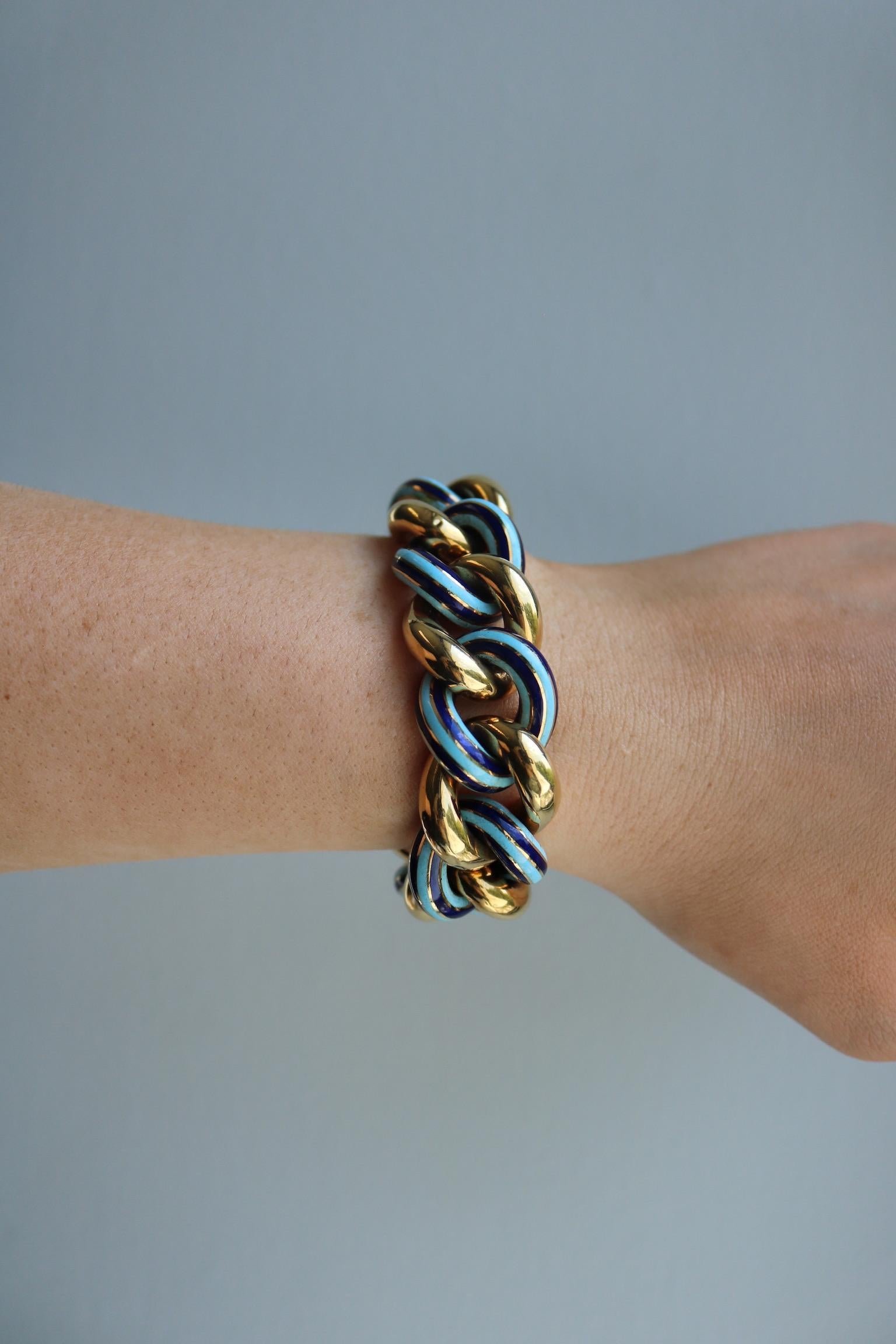 Bracciale d'epoca a maglie pesanti con smalto blu oceano chiaro e scuro, lunghezza 7,5 in vendita 8