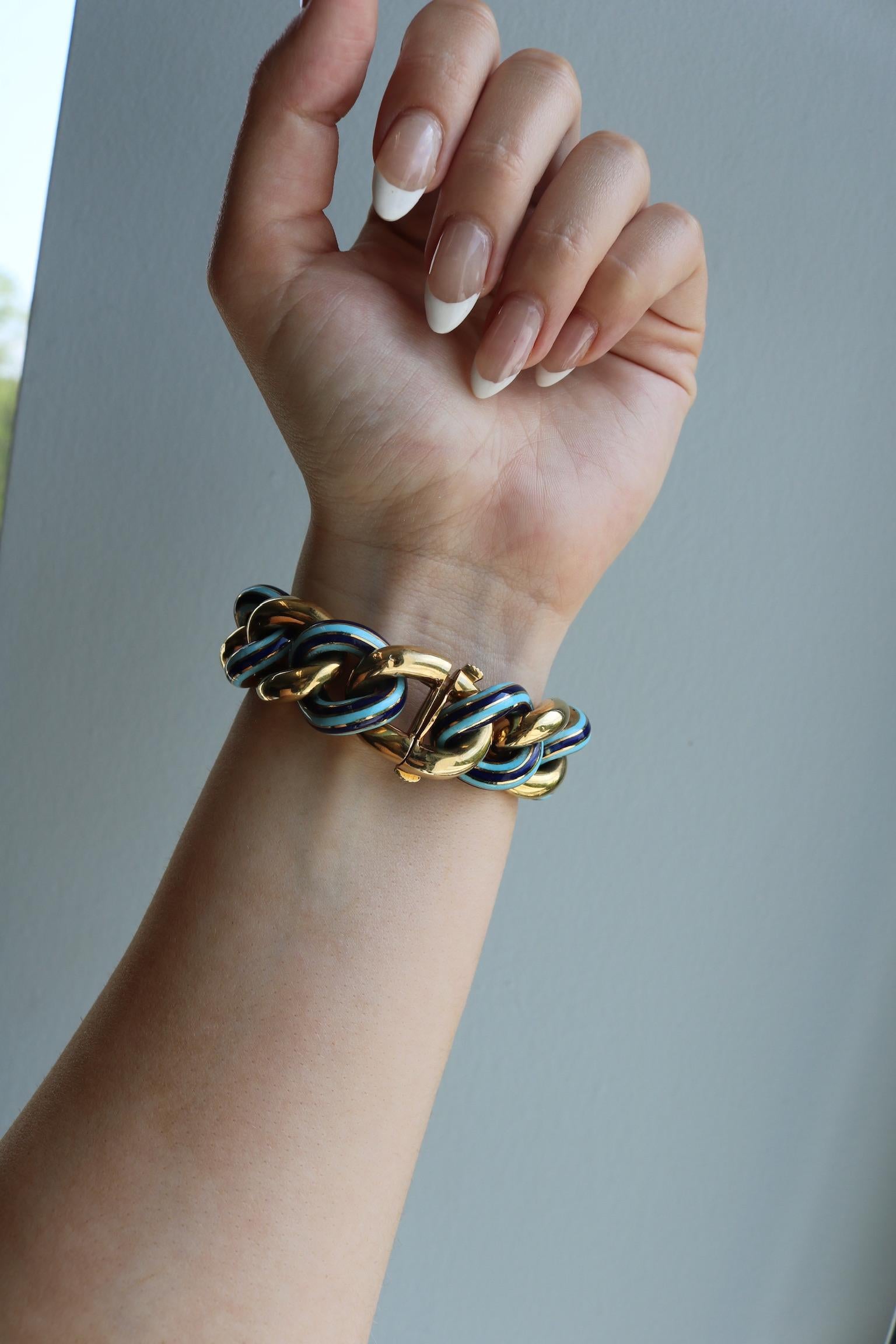 Bracciale d'epoca a maglie pesanti con smalto blu oceano chiaro e scuro, lunghezza 7,5 in vendita 9