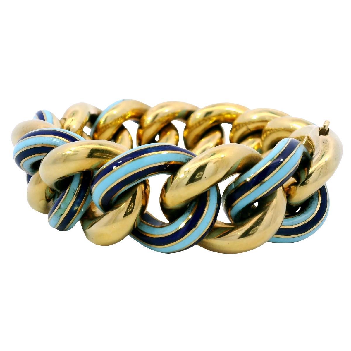 Bracciale d'epoca a maglie pesanti con smalto blu oceano chiaro e scuro, lunghezza 7,5 In condizioni buone in vendita a Fairfield, CT