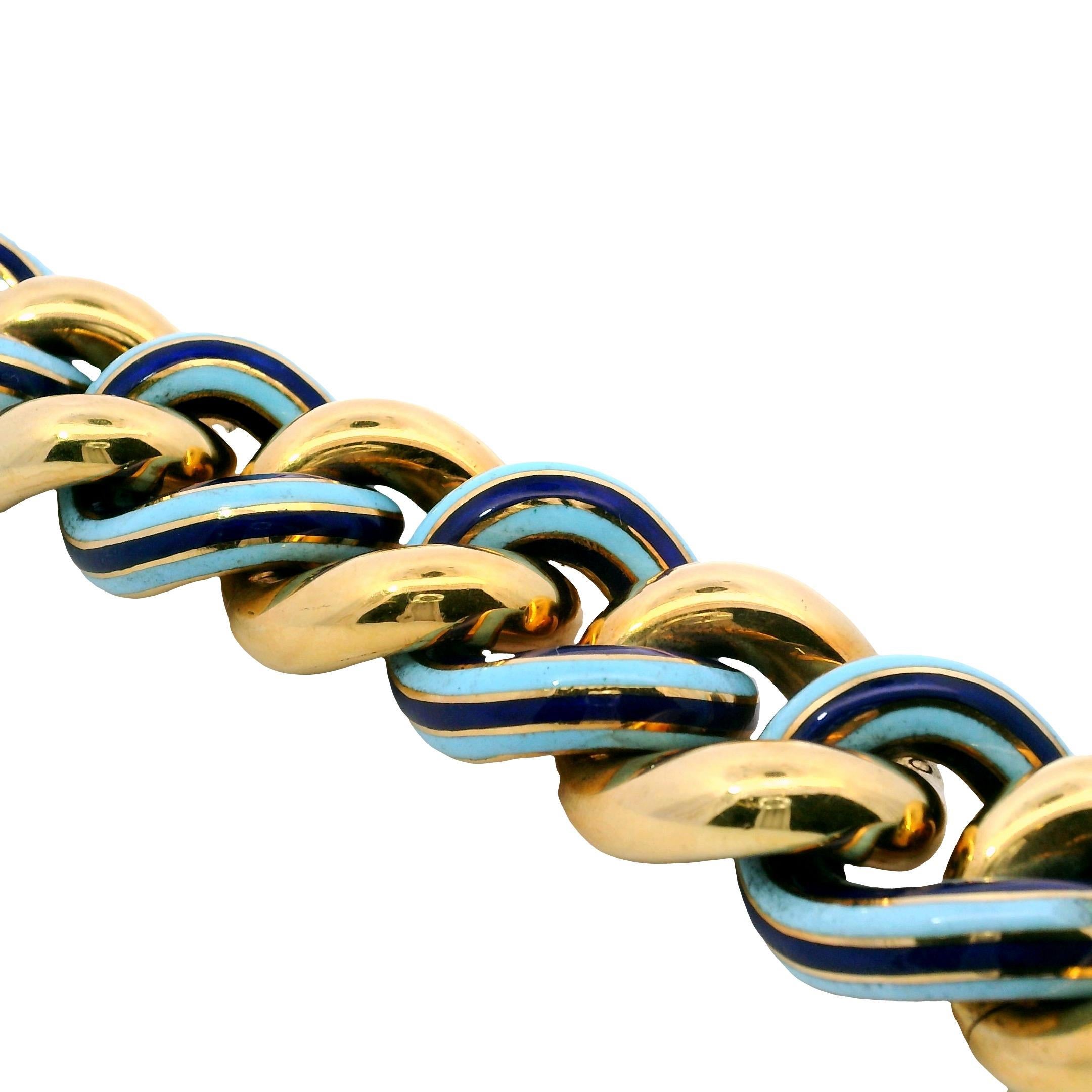 Donna Bracciale d'epoca a maglie pesanti con smalto blu oceano chiaro e scuro, lunghezza 7,5 in vendita